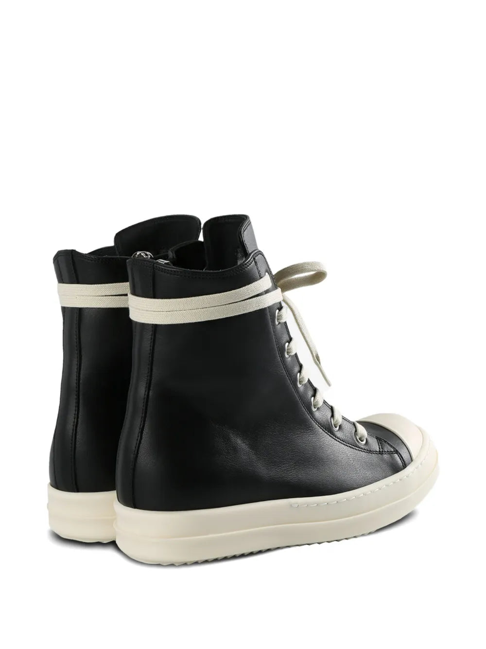 Black leather high-top sneaker with white sole, side pull tab, and striped trim