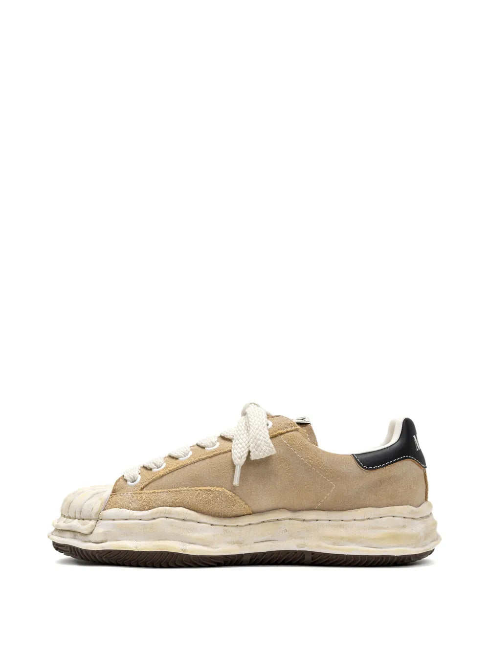 Beige low-top lace sneaker with black heel trim and chunky rubber sole, side view