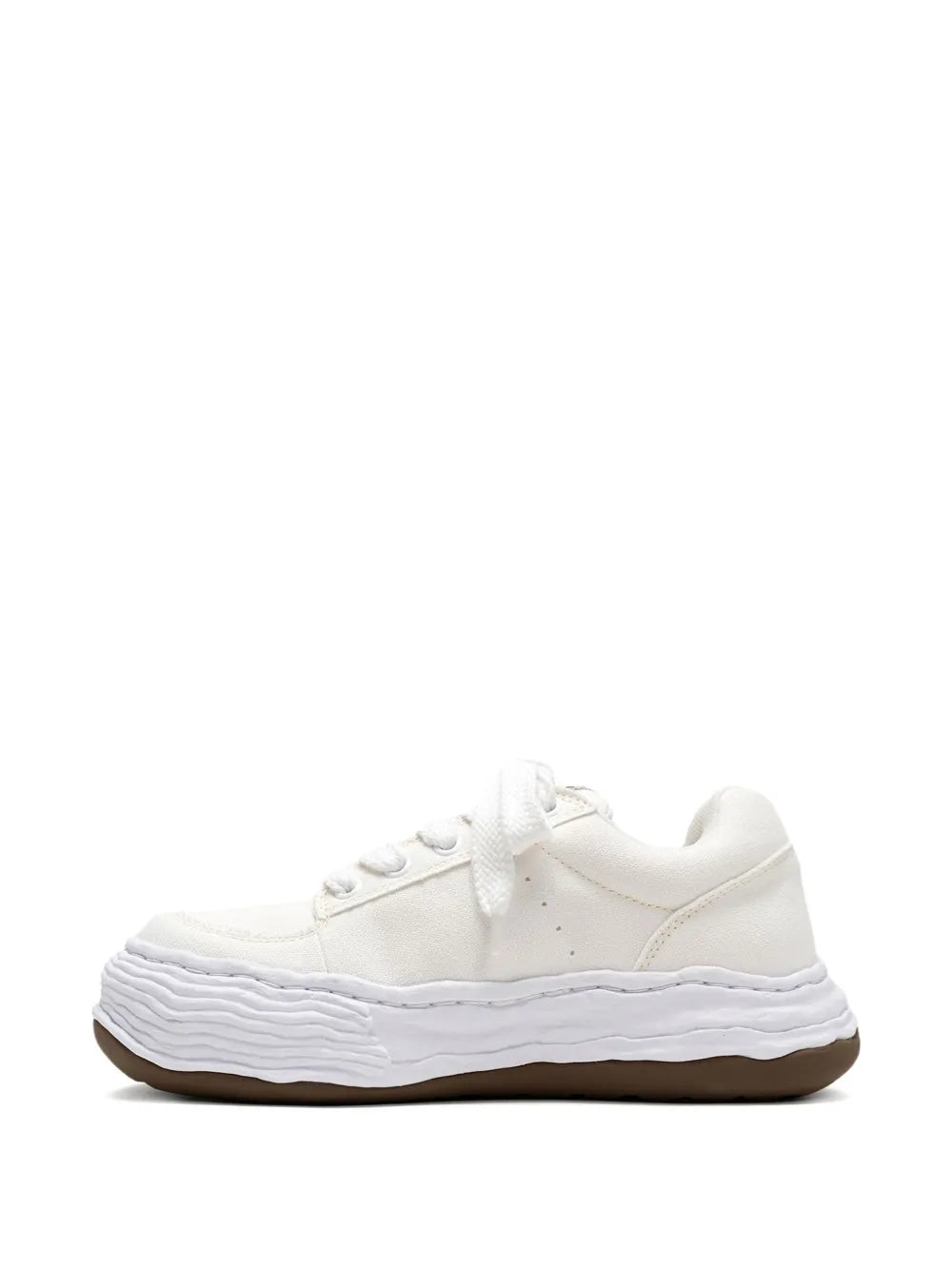 White canvas lace-up sneakers with low-profile wavy sole and toe panel