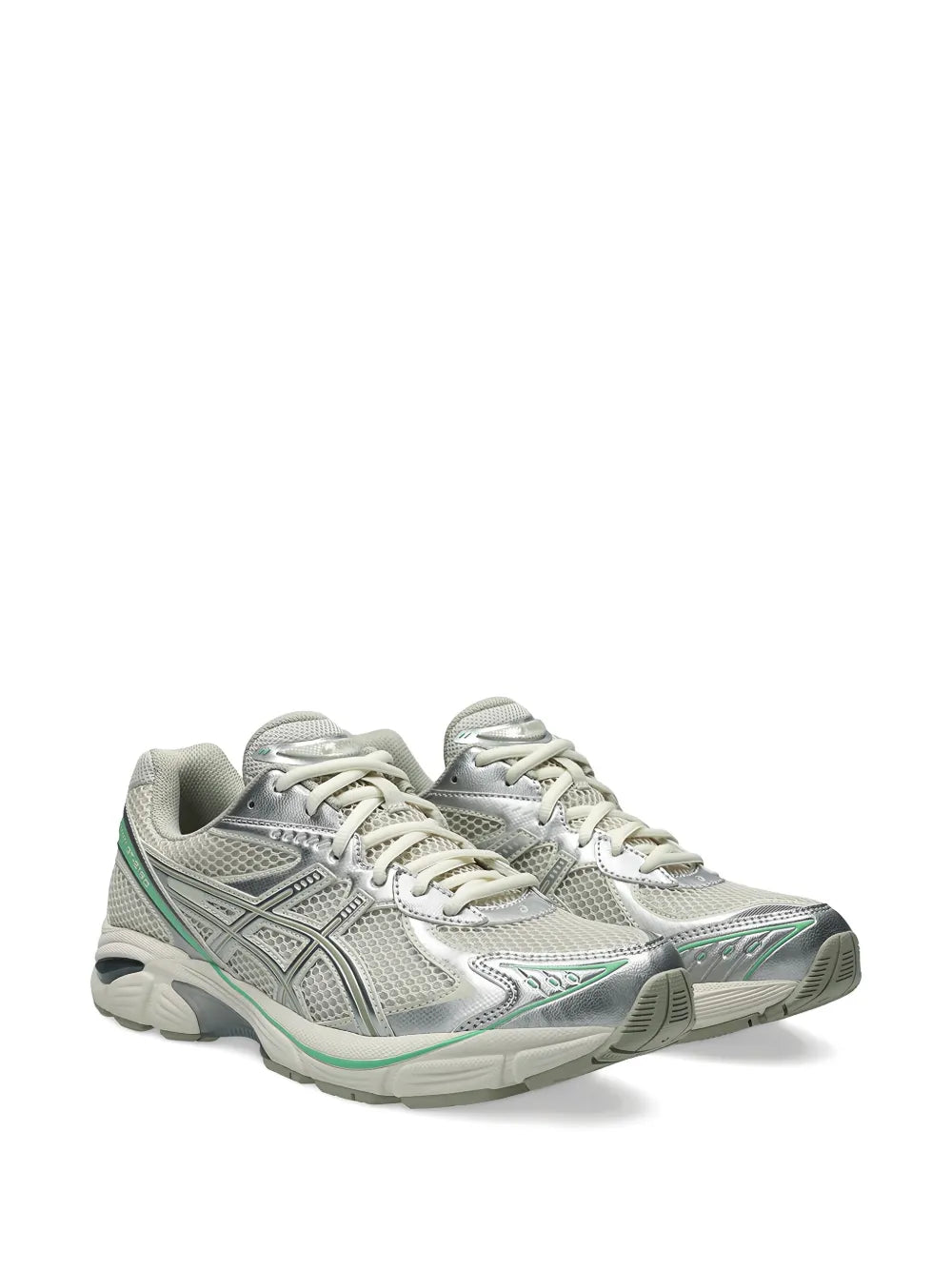 Light grey running sneakers, angled side view with mint green trim and lace-up