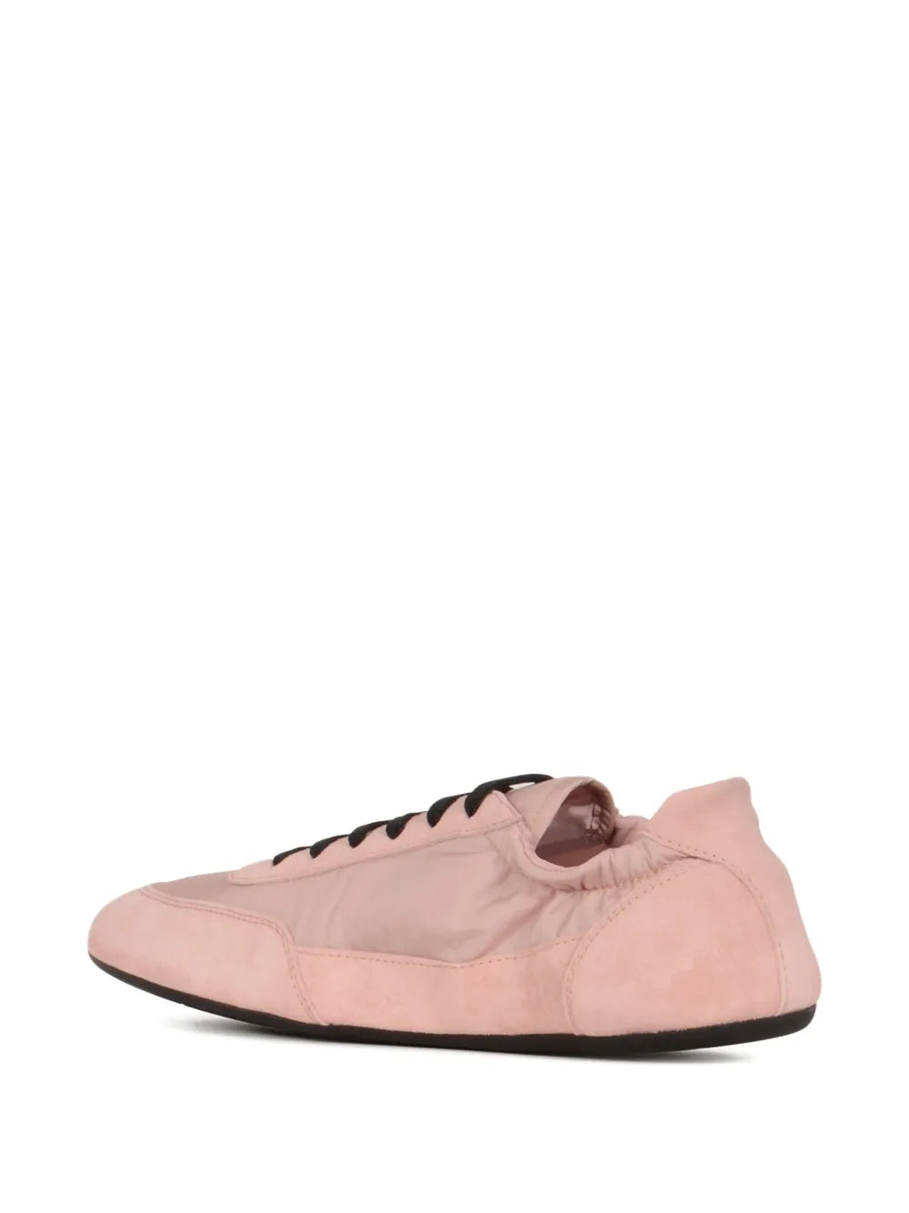 Prada pink suede lace-up sneaker with black laces and cushioned collar
