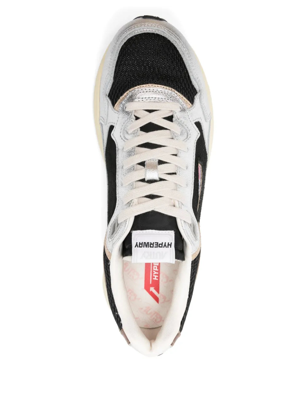 Autry Hyperway sneaker with white laces, black mesh upper, silver tongue label