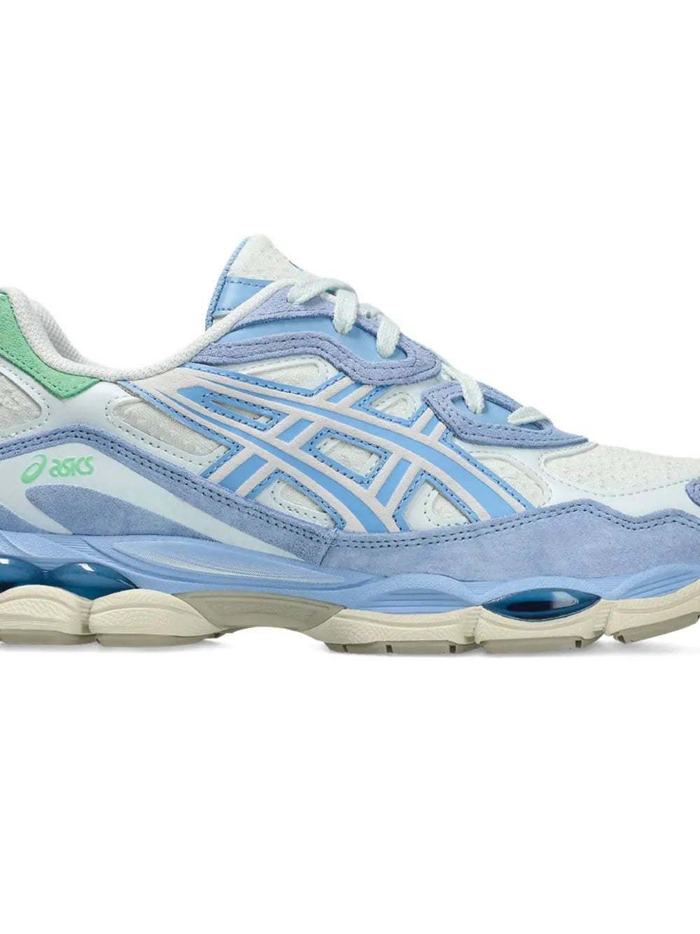 ASICS panelled sneakers with light blue and white panels, blue laces, rubber sole.