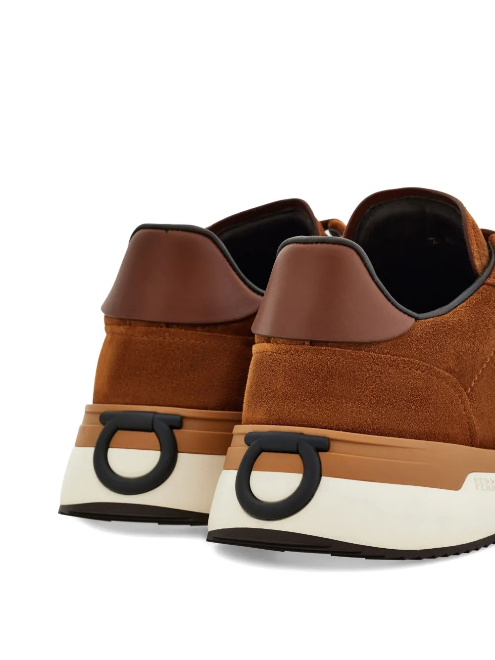 Ferragamo suede sneakers, brown back view with pull-tab and D-ring detail