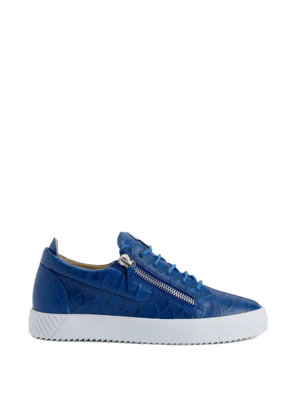 Blue crocodile-effect zip sneaker, front-side view with lace-up and white rubber sole