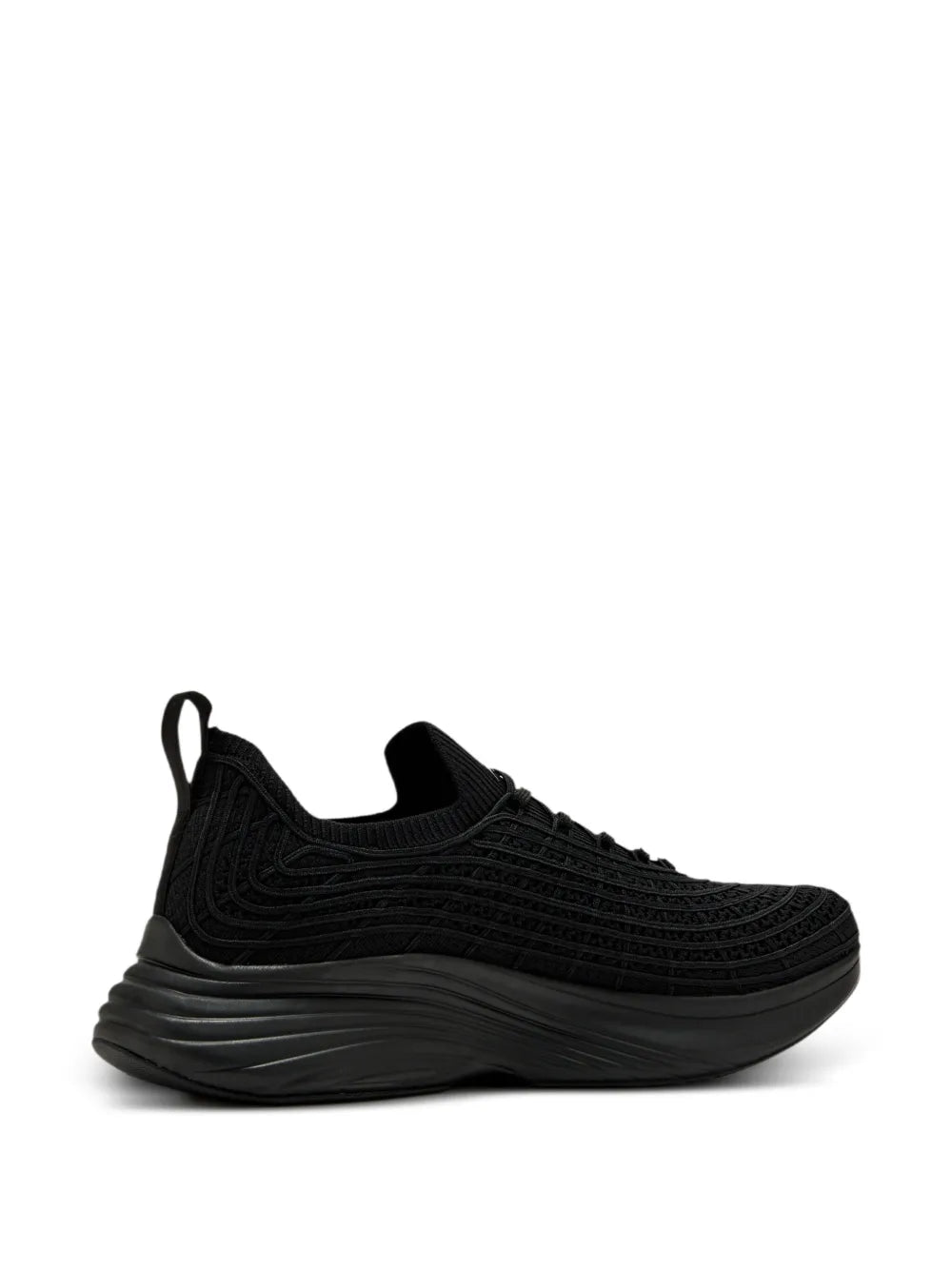 Black textured knit lace-up sneakers with rocker-style sole