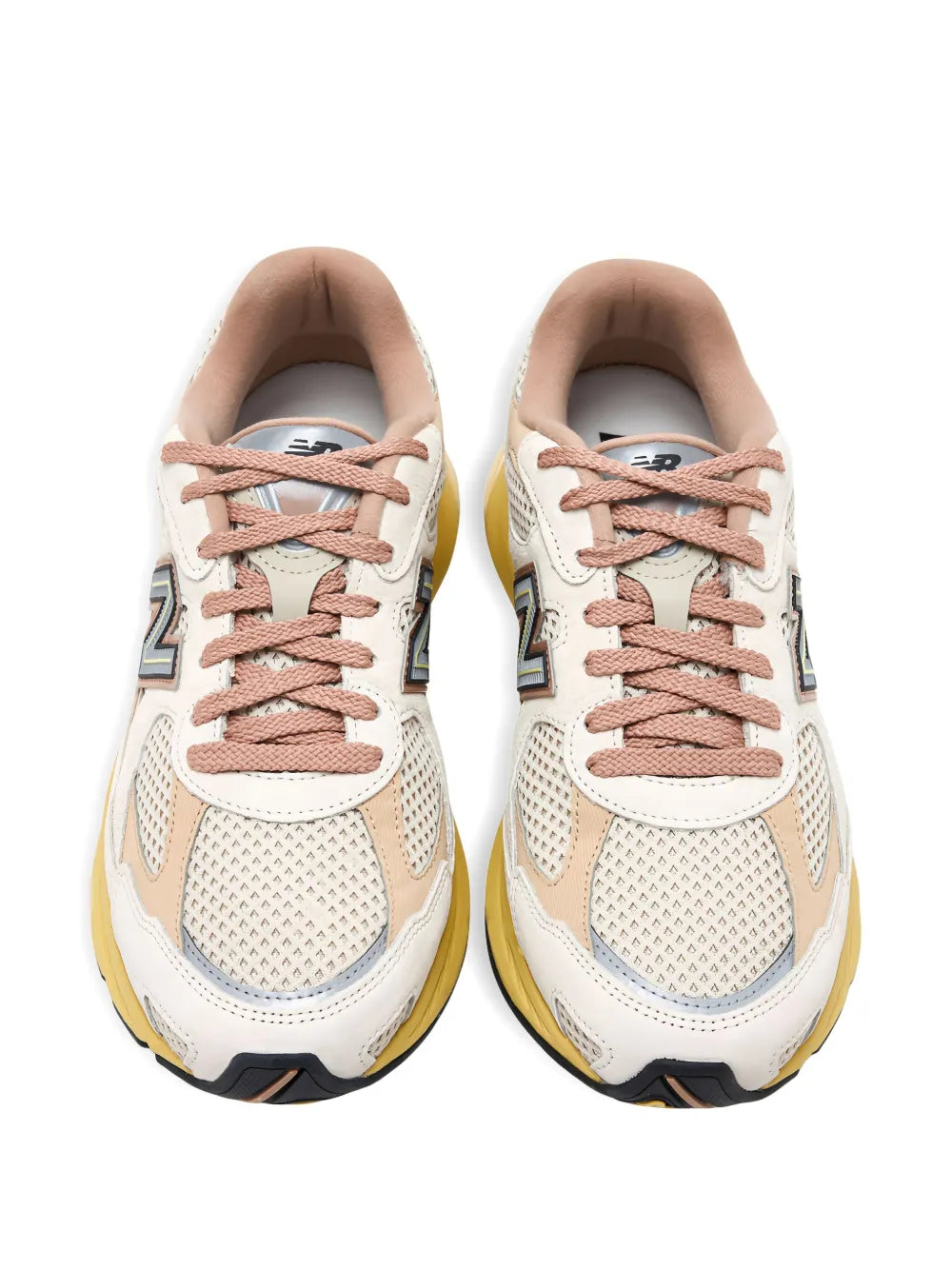 Beige and rose lace-up running sneakers with knit mesh uppers, N logo, chunky sole