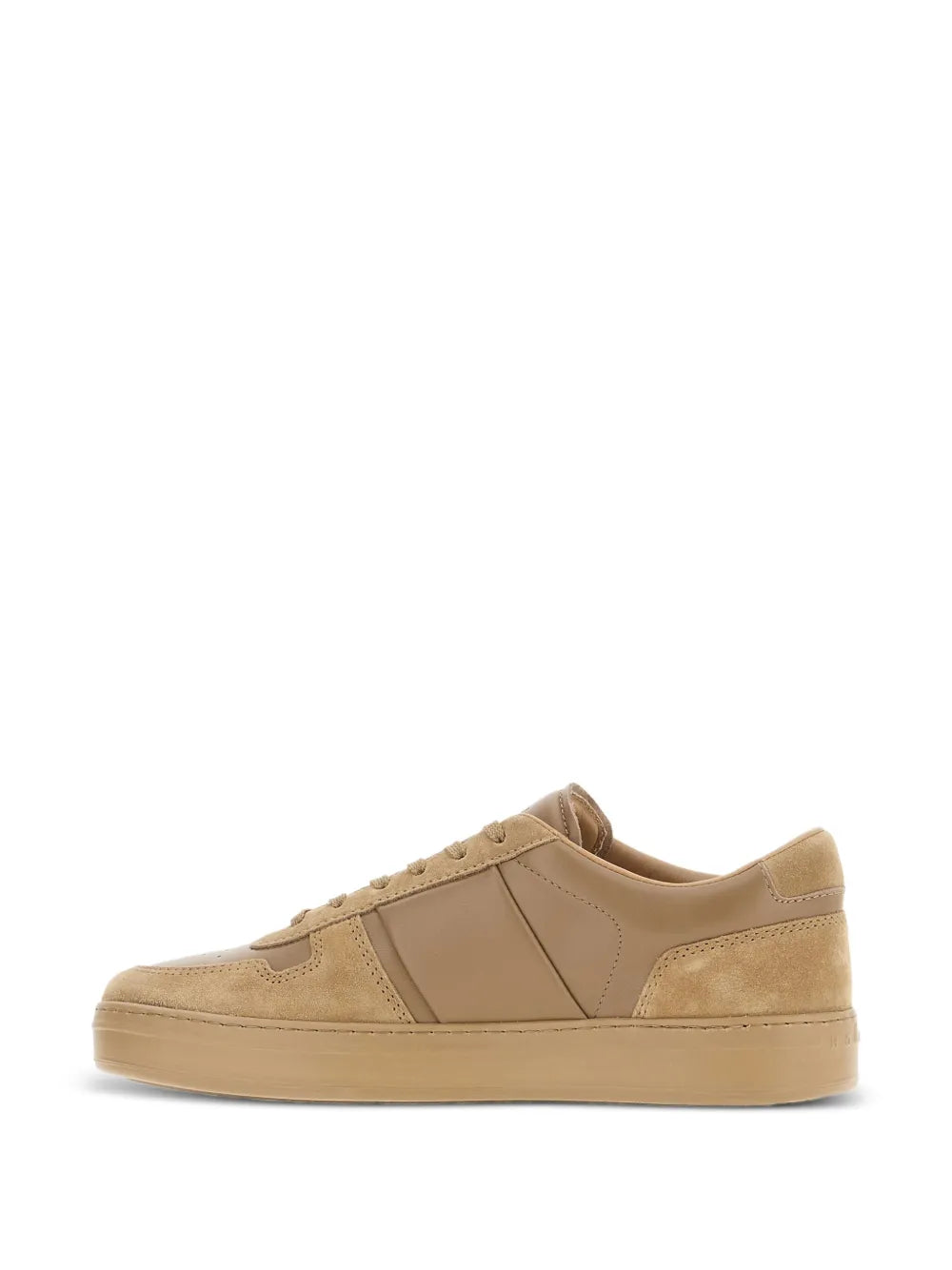 Khaki panelled low-top sneakers showing rear quarter and lace-up front, gum sole