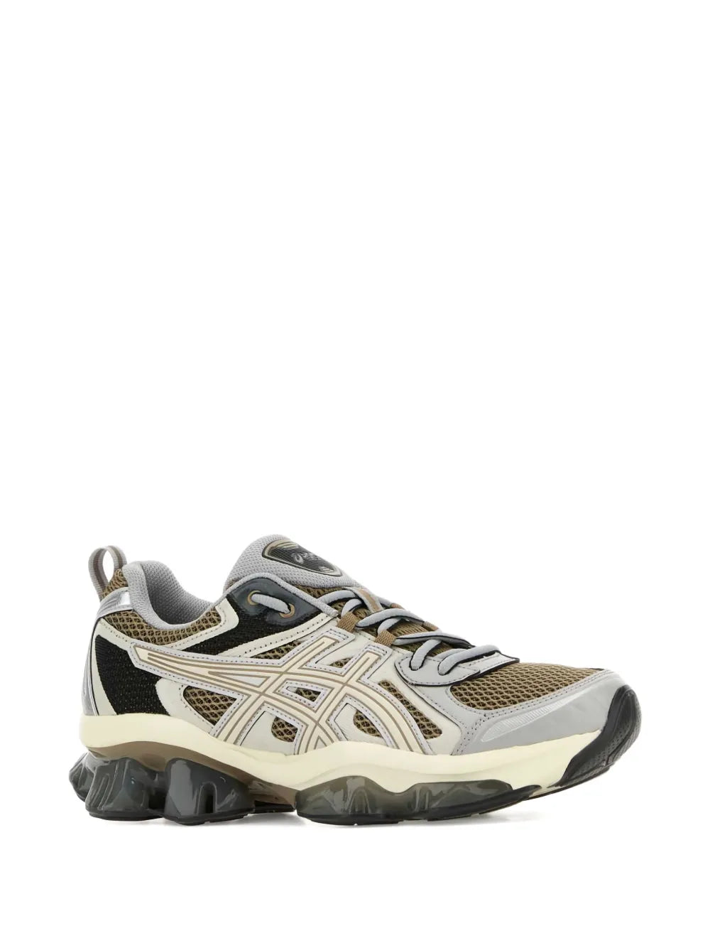 Beige and gray low-top lace-up sneakers with black details and textured chunky sole