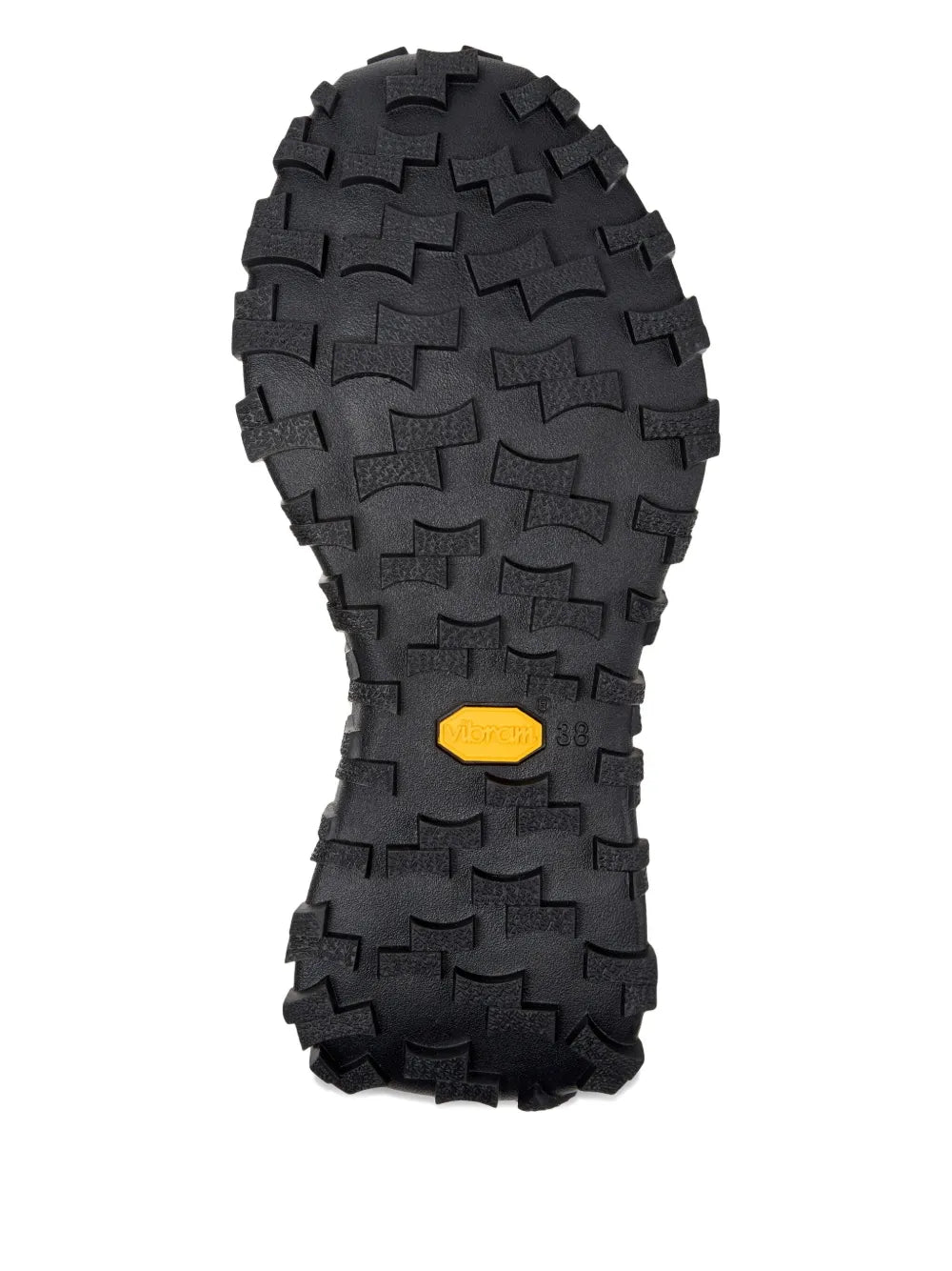 Black rubber outsole with rugged tread and small yellow logo patch