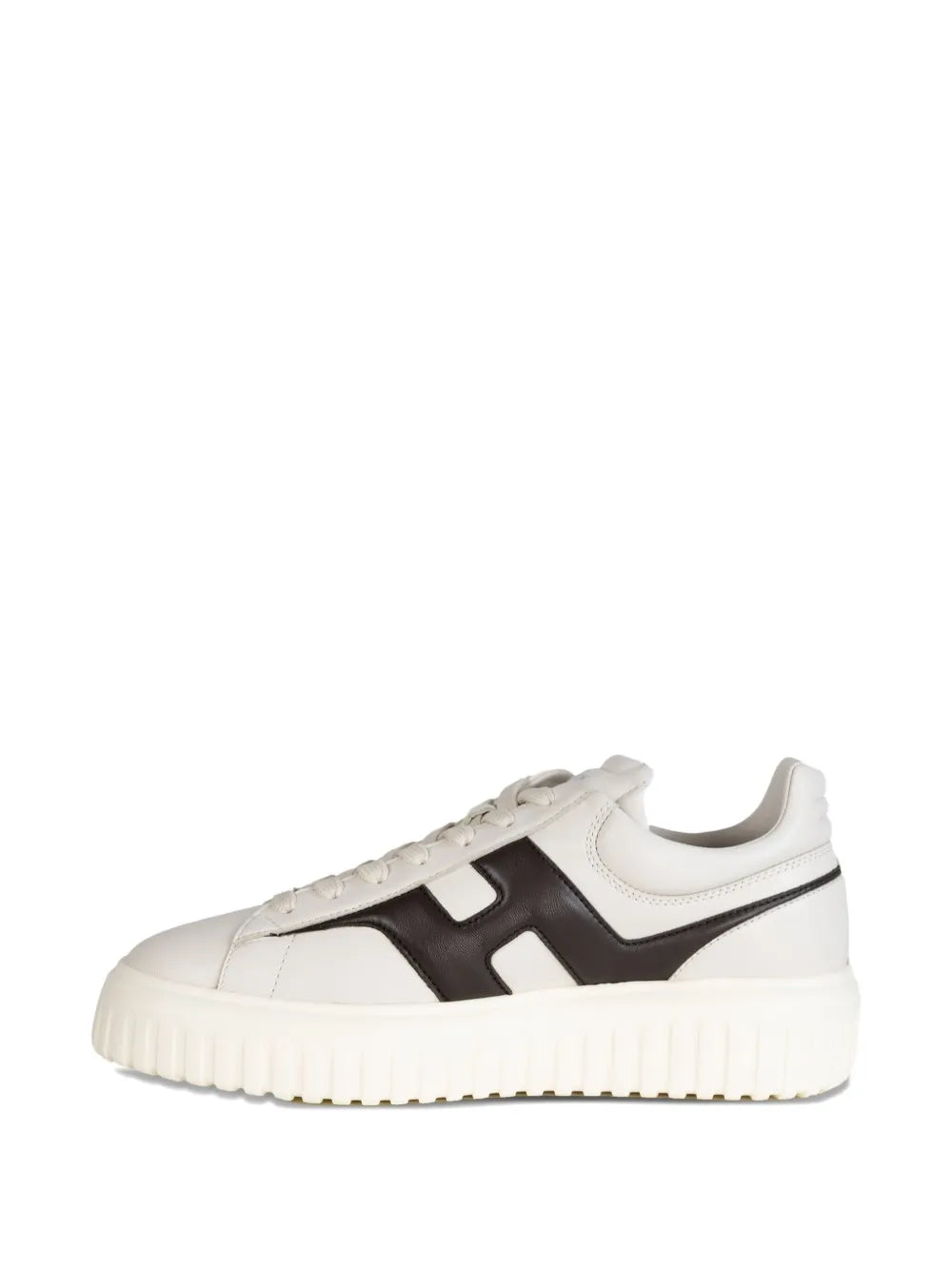 Off-white leather sneakers with black H-stripe and rubberized sole