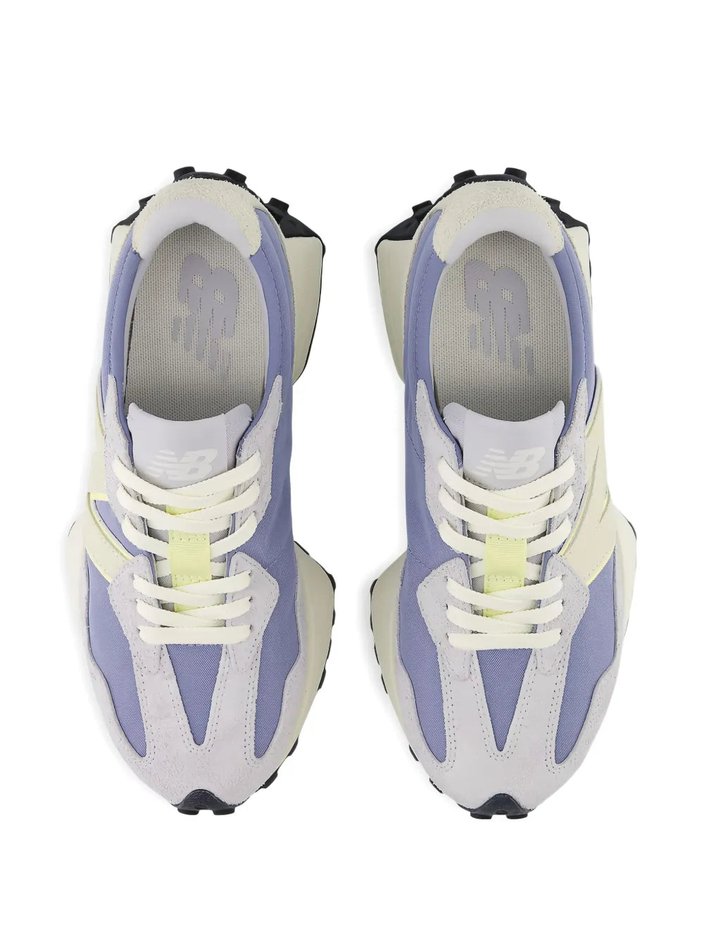 New Balance 327 sneakers pair, front view, grey lavender with lime accents and white laces