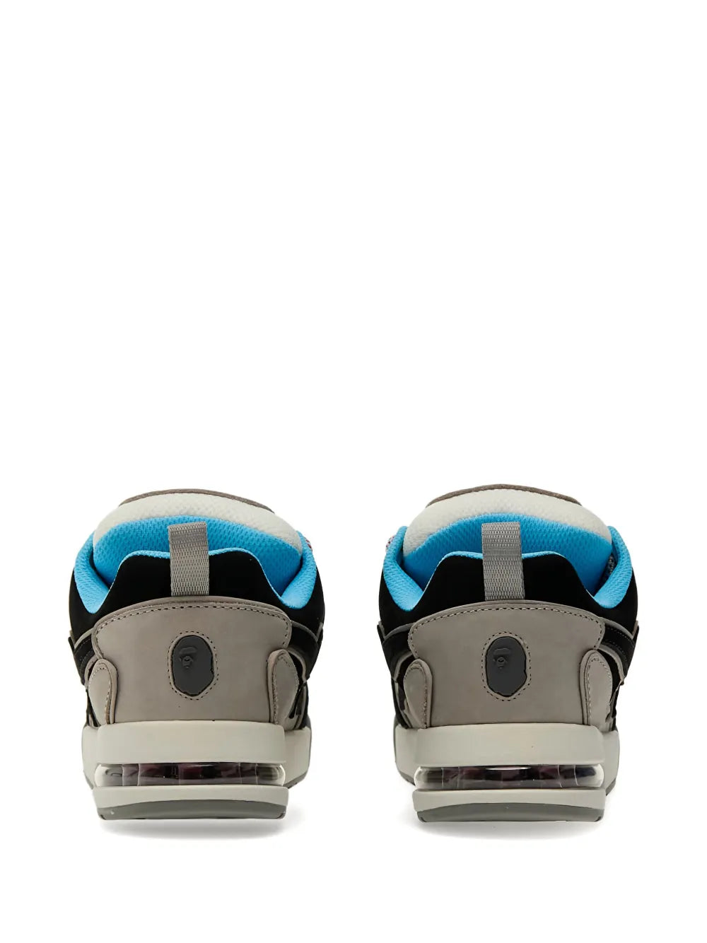 Back view low-top sneakers with gray heel tabs, blue collar, lace-up, air-cushioned sole
