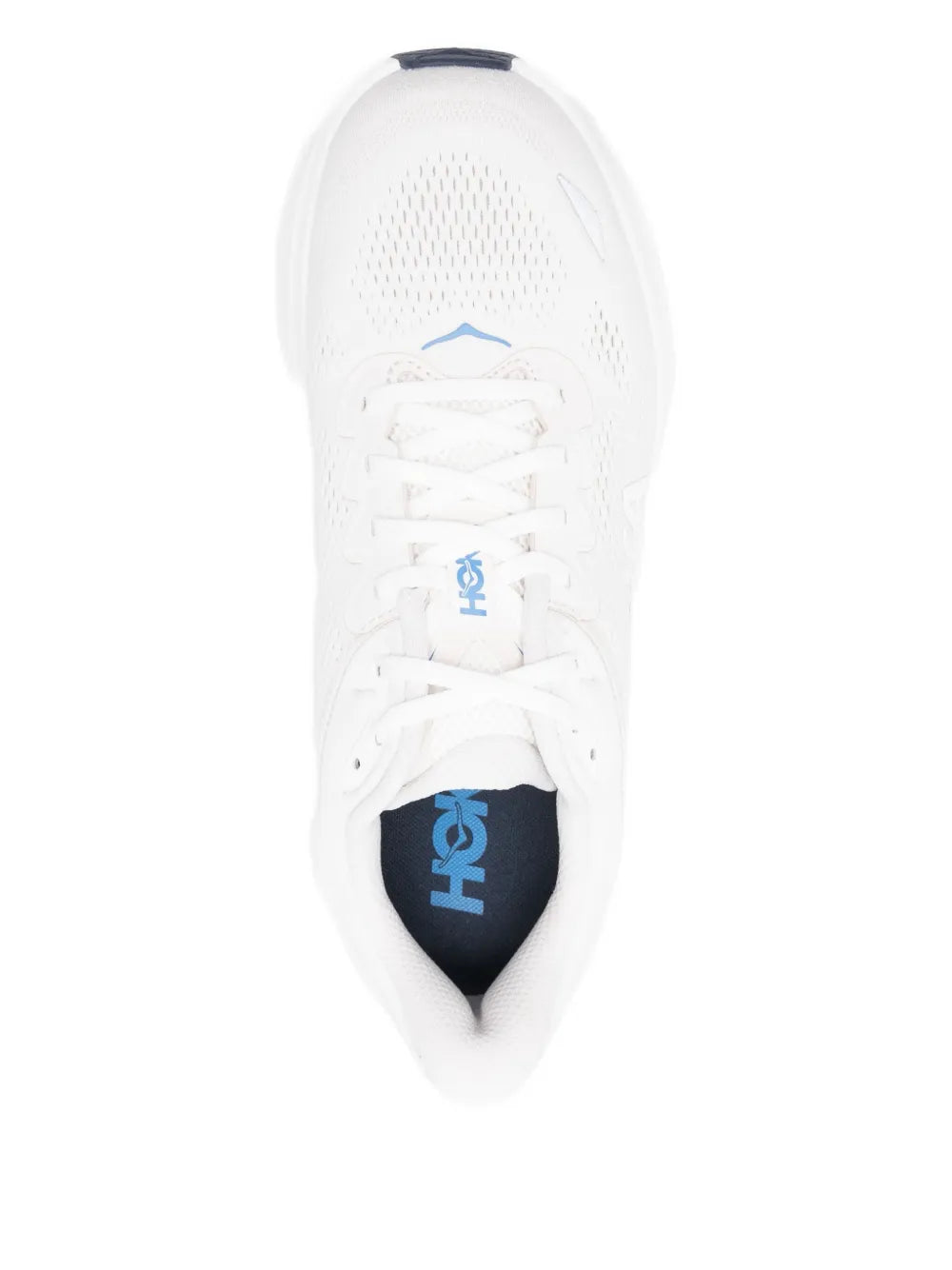 Hoka Bondi 9 sneakers, white lace-up with blue logo on tongue and dark lining