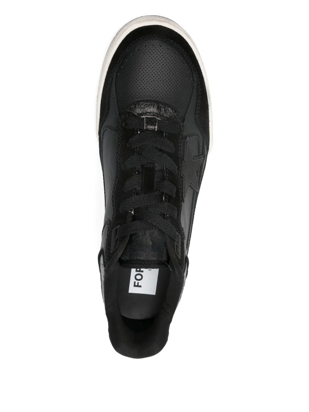 Golden Goose black low-top sneaker interior with laces and FOOT label on insole