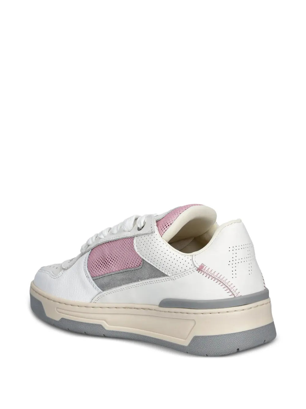 White low-top lace-up sneakers with pink mesh panel and side stitch detailing
