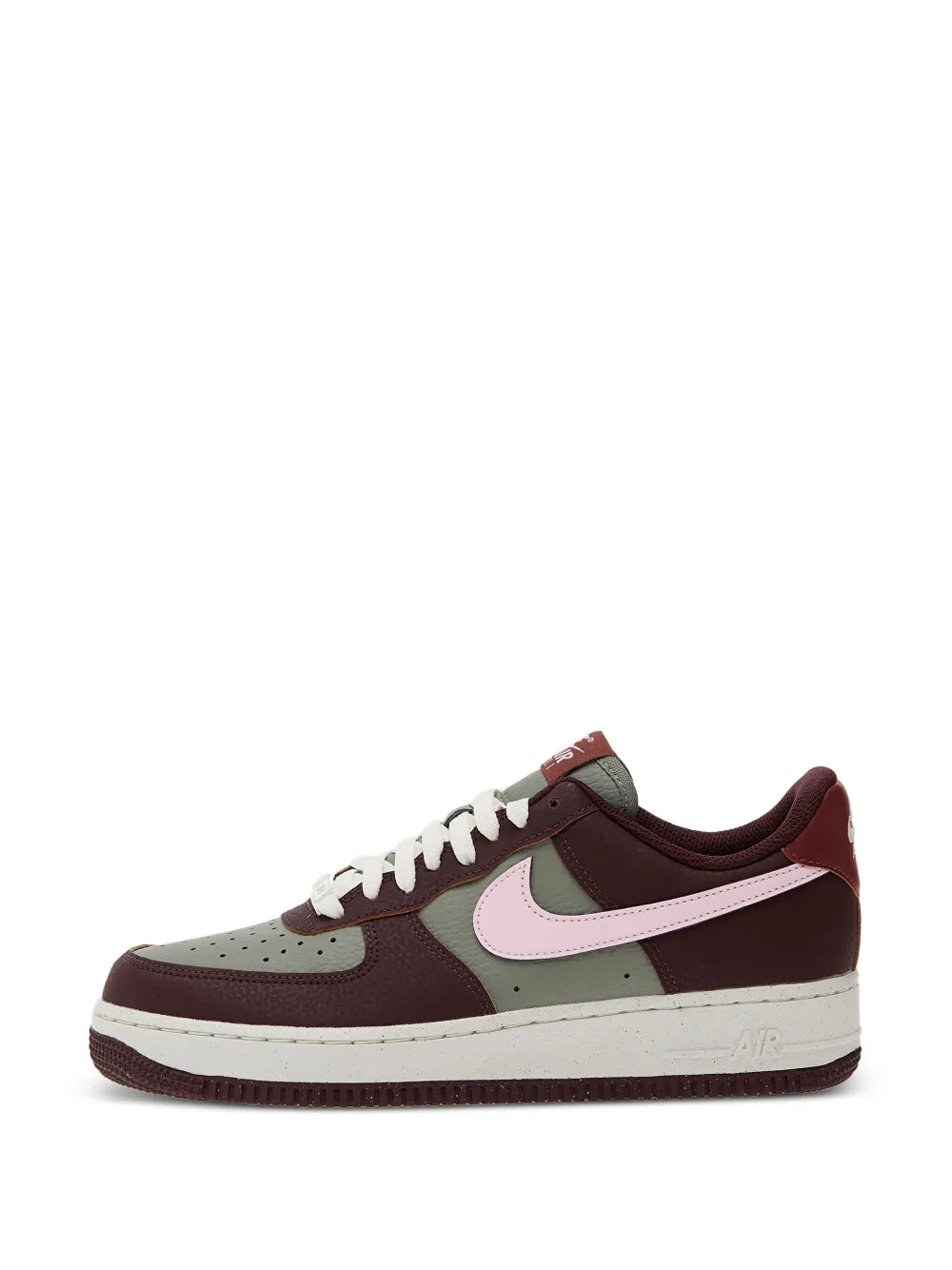 Low-top leather sneaker profile in burgundy, olive, and off-white with pinkish swoosh