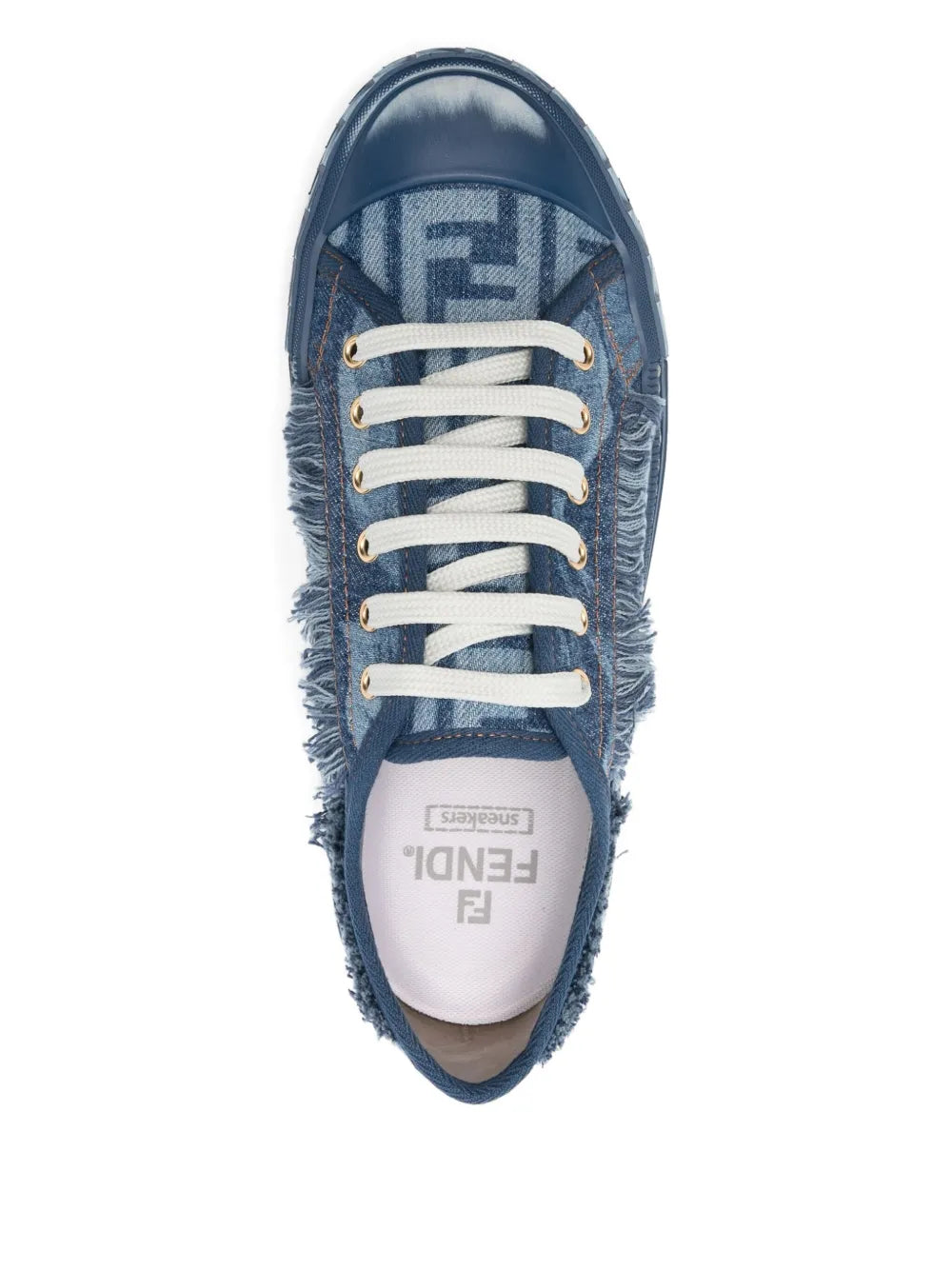 Blue denim trainers, lace-up top view with white laces and interior brand label