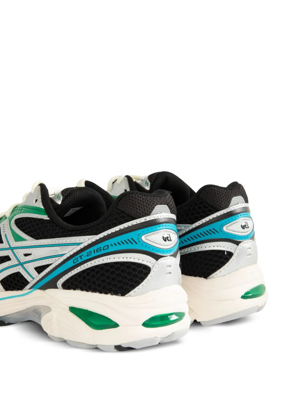 ASICS mesh sneakers heel view, black with green outsole and white-blue branding details