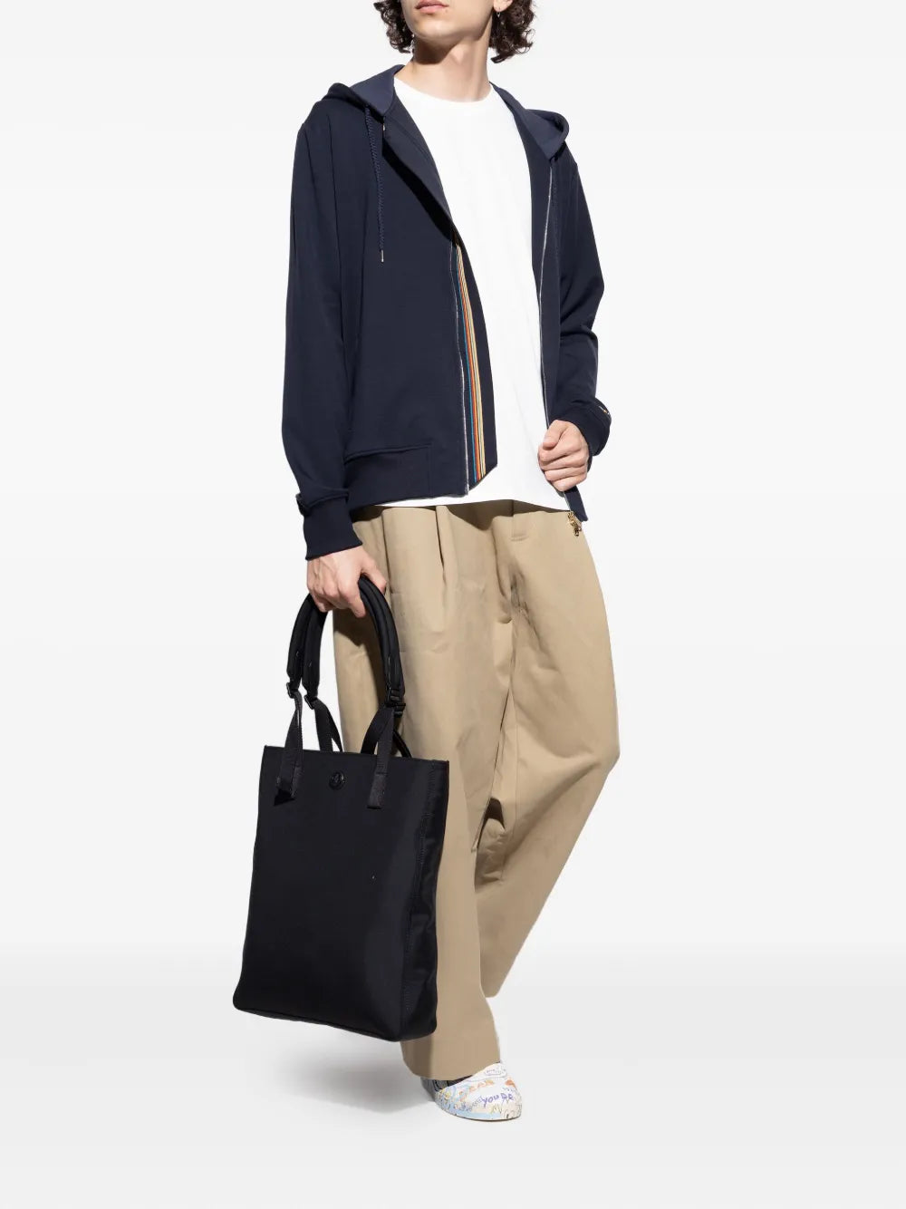 Dsquared2 leather printed trainers, white with multicolor print, styled with tan trousers