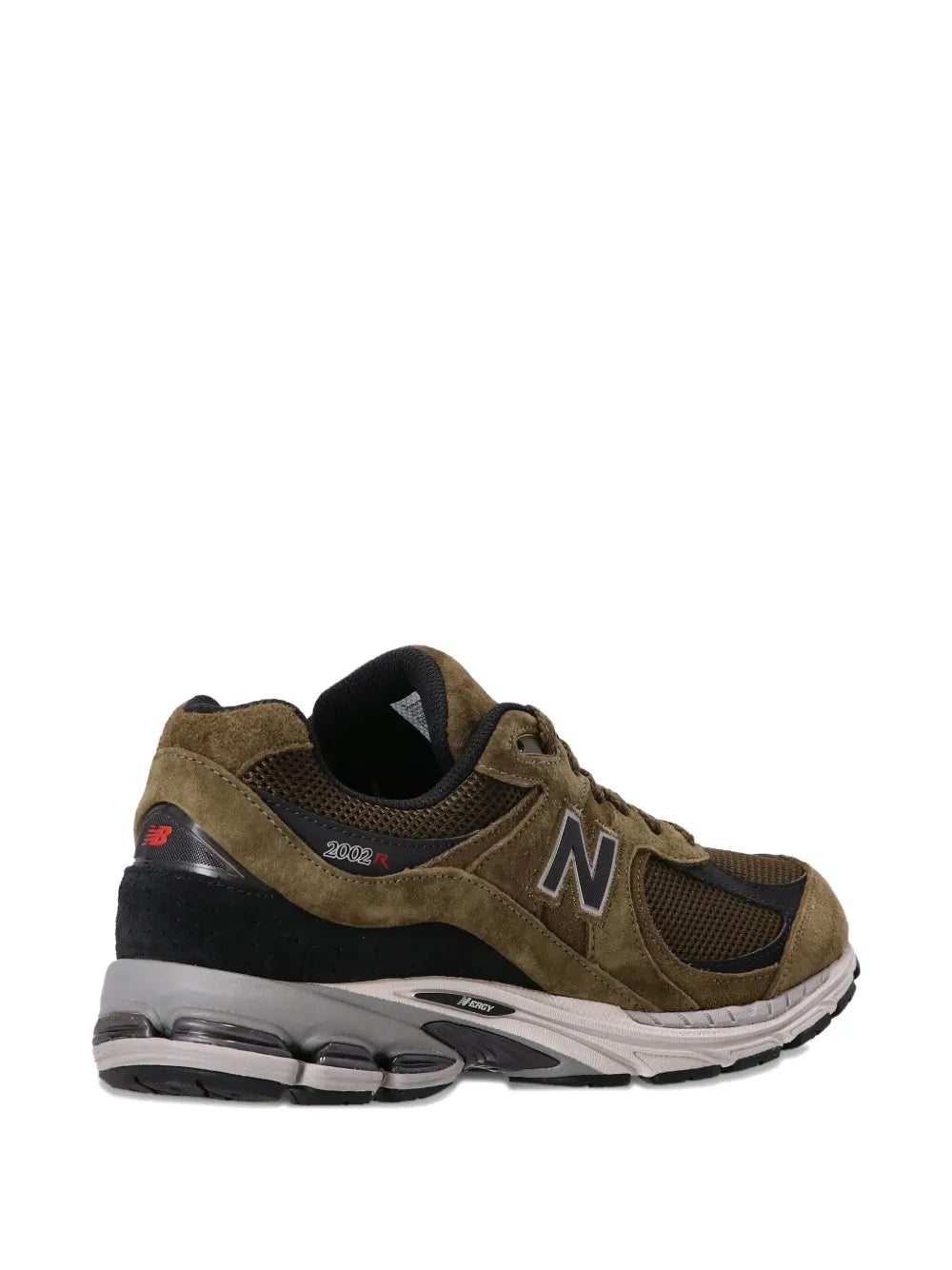 New Balance 2002R olive suede sneakers, heel side view with black collar