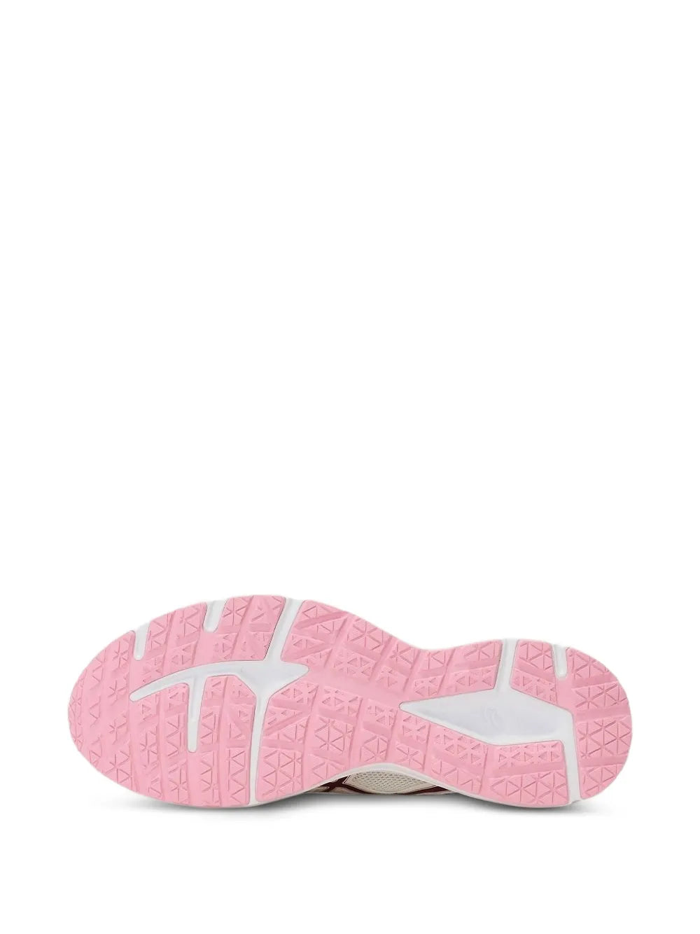 Pink-toned rubber outsole with tread pattern for maroon and white low-top sneakers