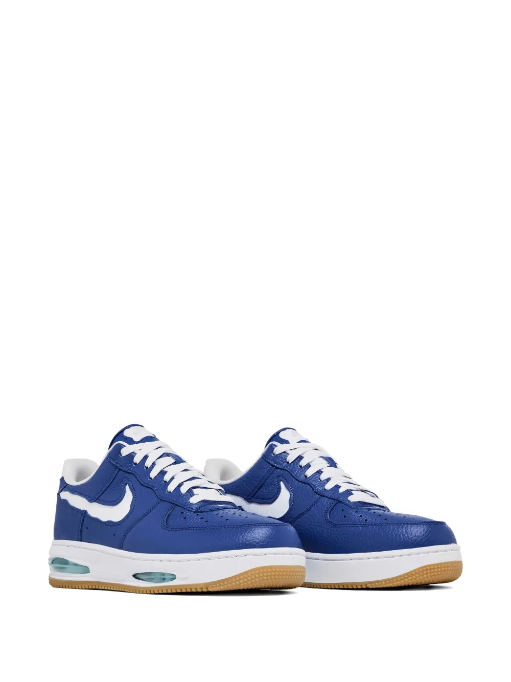Nike Air Force 1 Low Evo royal blue sneakers with white laces and teal air windows