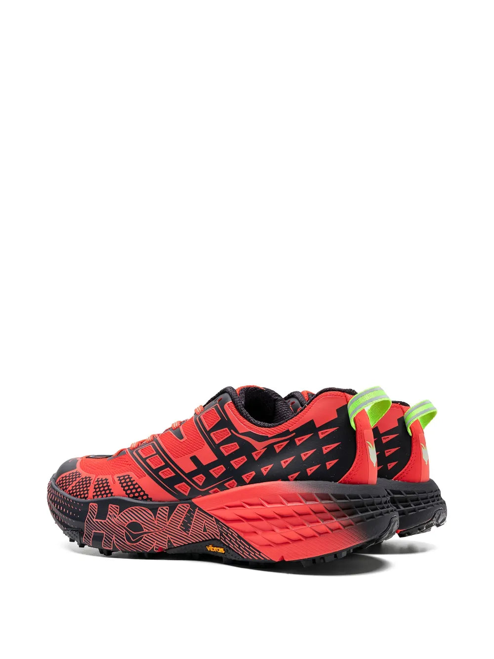 Hoka Speedgoat 2 trail trainers side 3/4, orange-red upper with black outsole