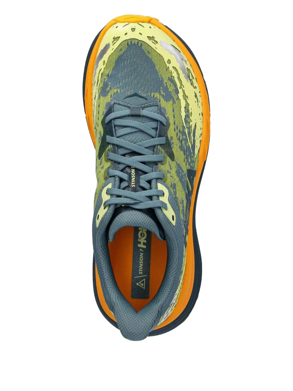 Hoka Stinson 7 lace-up sneakers front view, blue-green mesh with orange trim