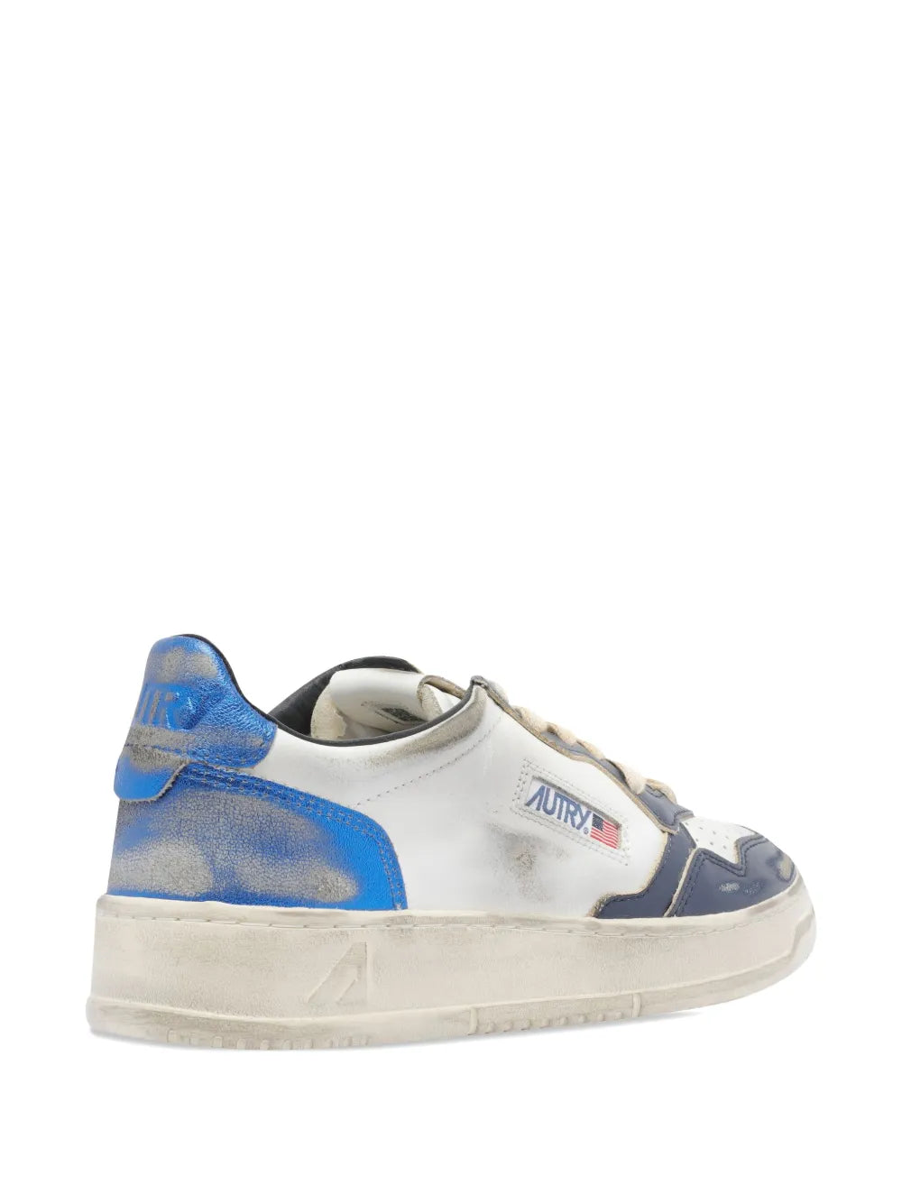 White, navy and blue leather logo sneakers with side emblem and rubber sole
