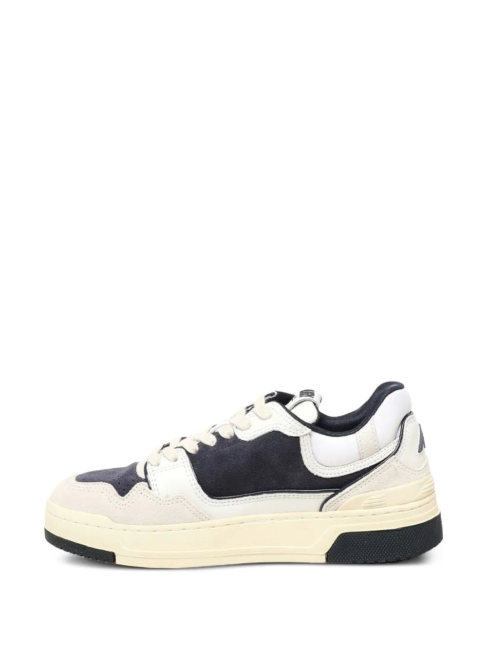 Leather panel sneakers, white and dark navy colorblock, lace-up, side view, cream sole