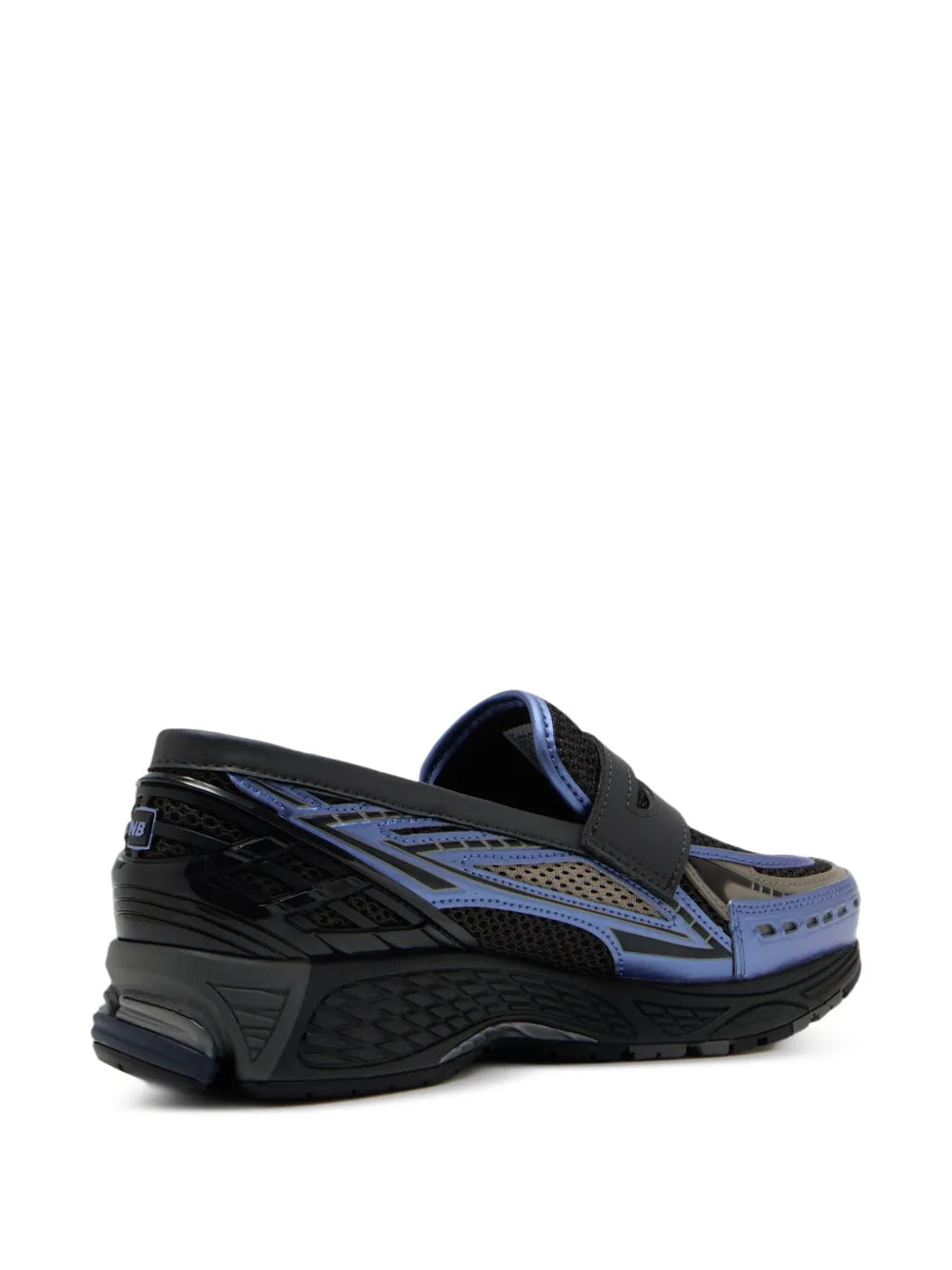 Black mesh slip-on sneakers with blue stripe and chunky tread sole