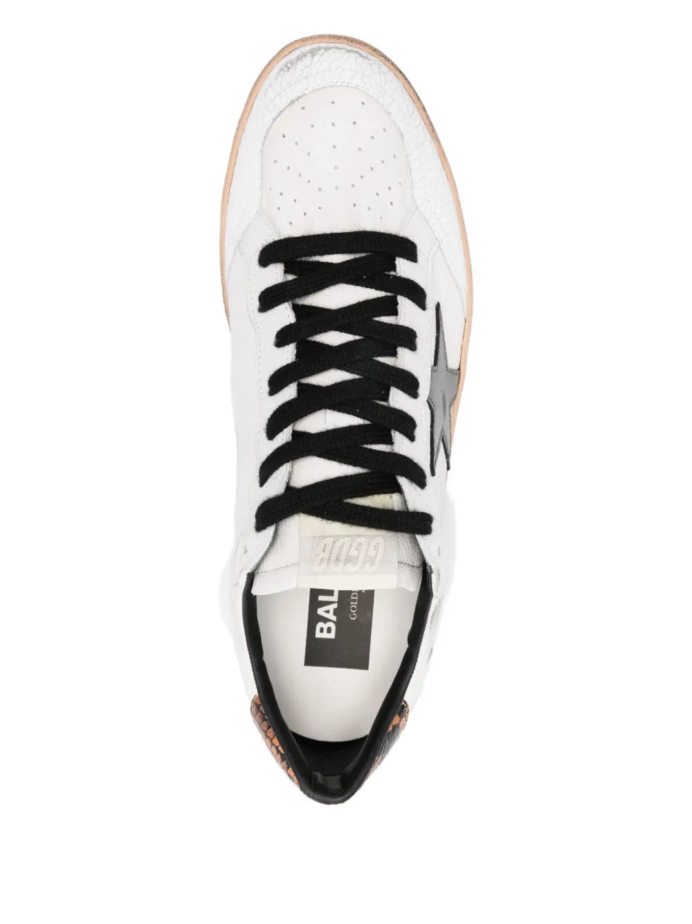White sneaker with black laces and "BALL" tongue label, beige outsole