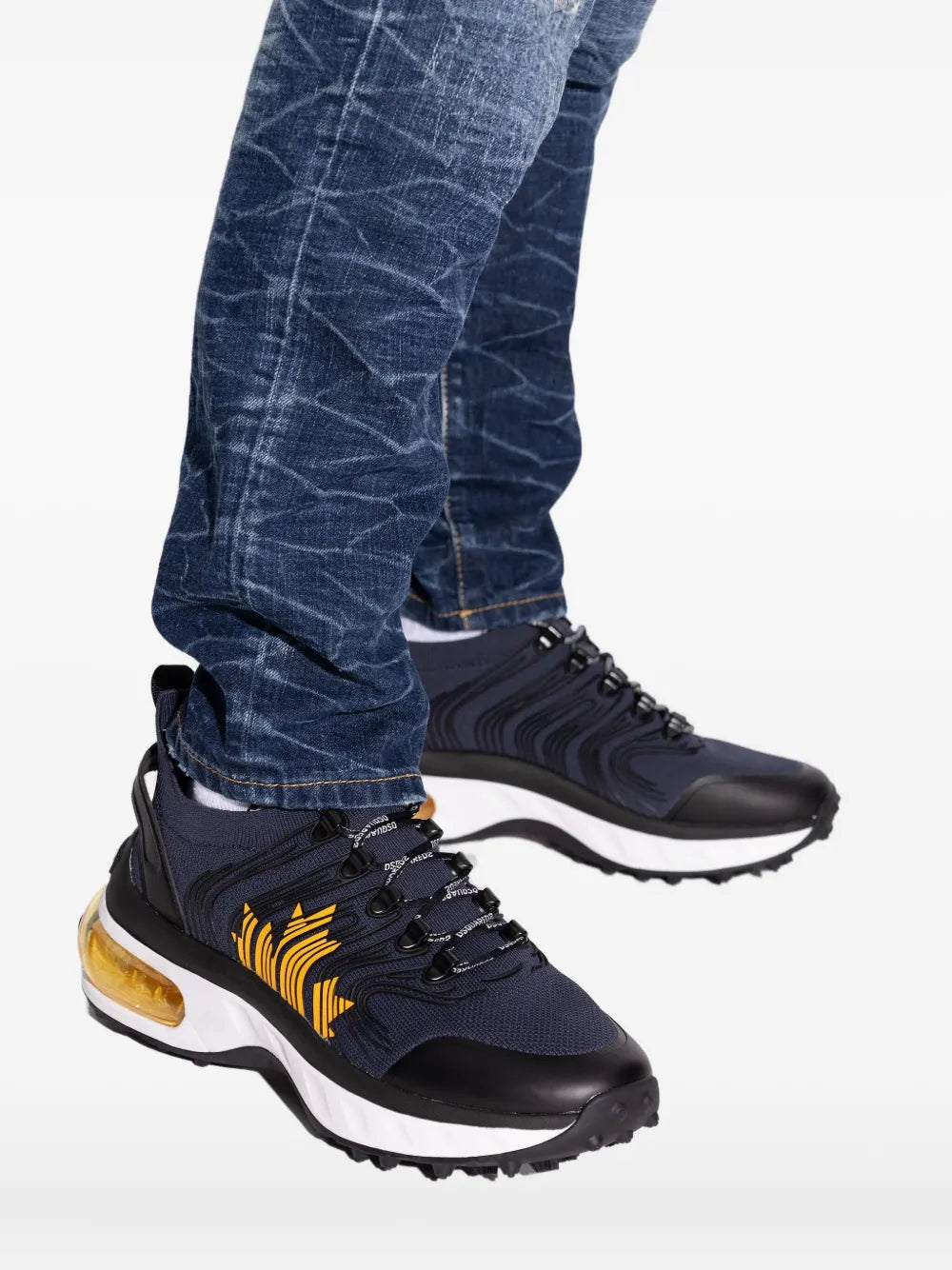 Dsquared2 navy lace-up low-top sneakers with orange wave stripe and amber tread sole
