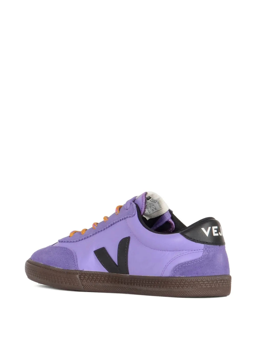 Purple low-top sneakers with black heel tab and V side logo, orange laces, brown sole