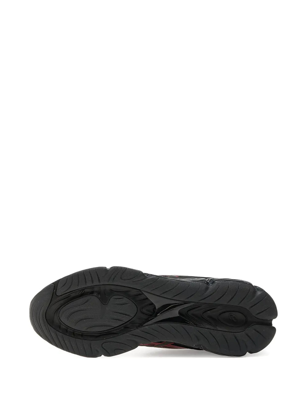 Black sneaker outsole with textured tread and sidewall ridges
