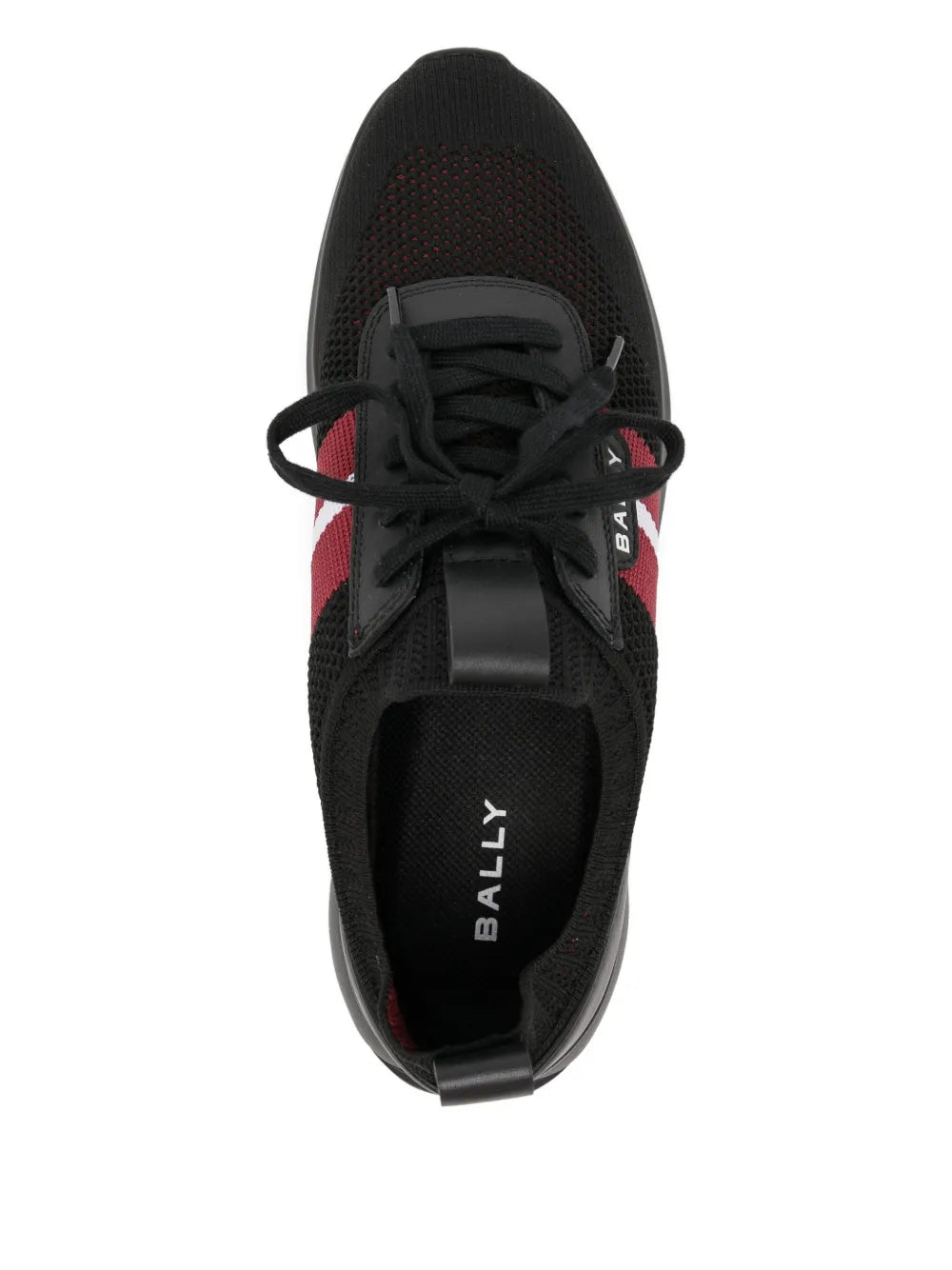 Black low-top trainers, lace-up front view with red and white stripe and logo