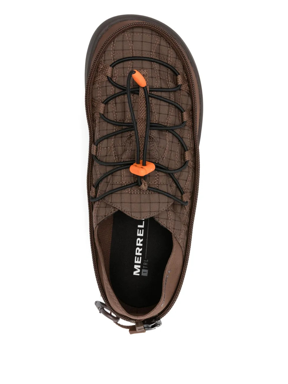 Brown sneaker insole view with Merrell logo and orange lace hardware