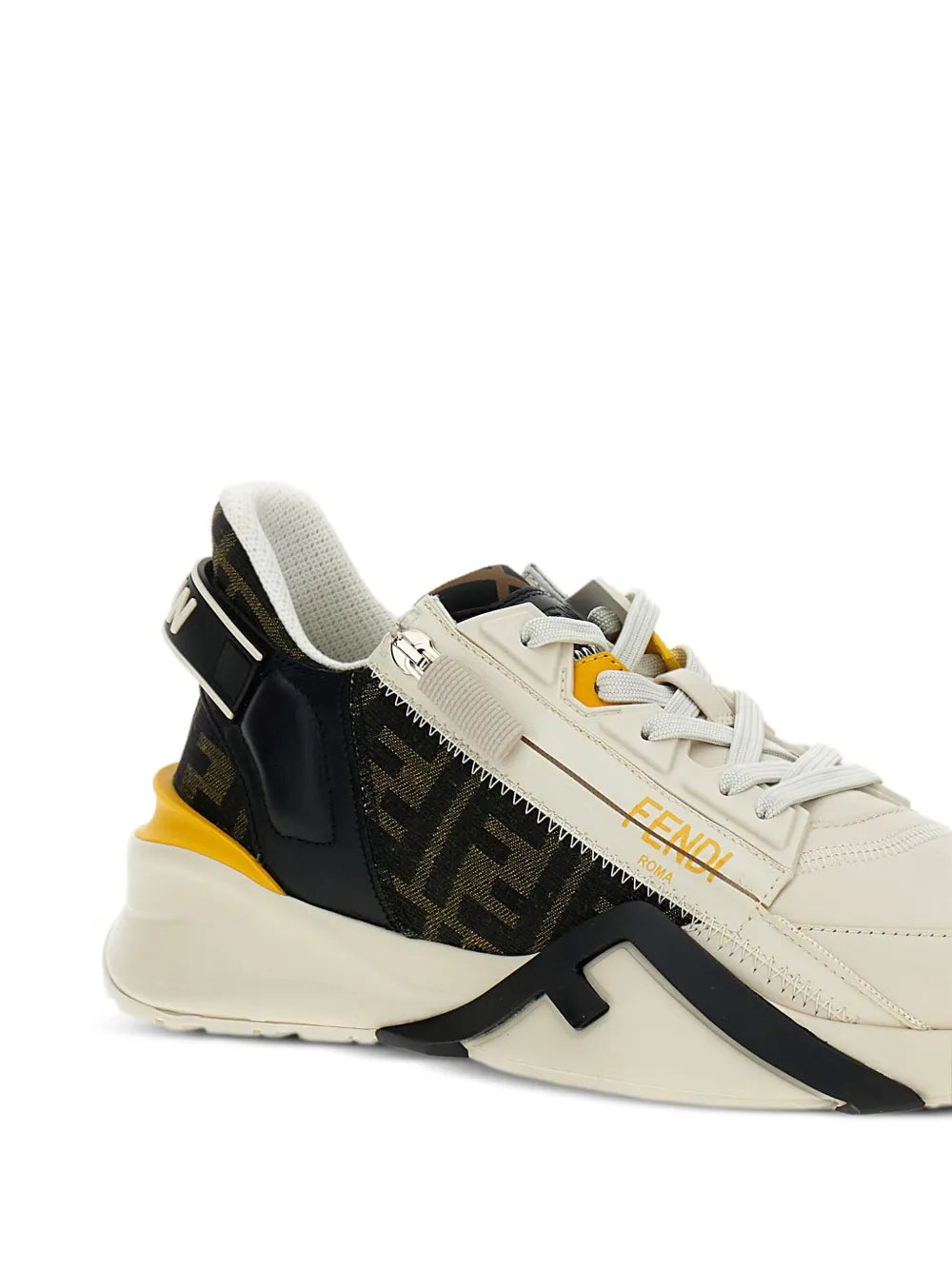Fendi white leather lace-up sneakers with black side panel and yellow underlay