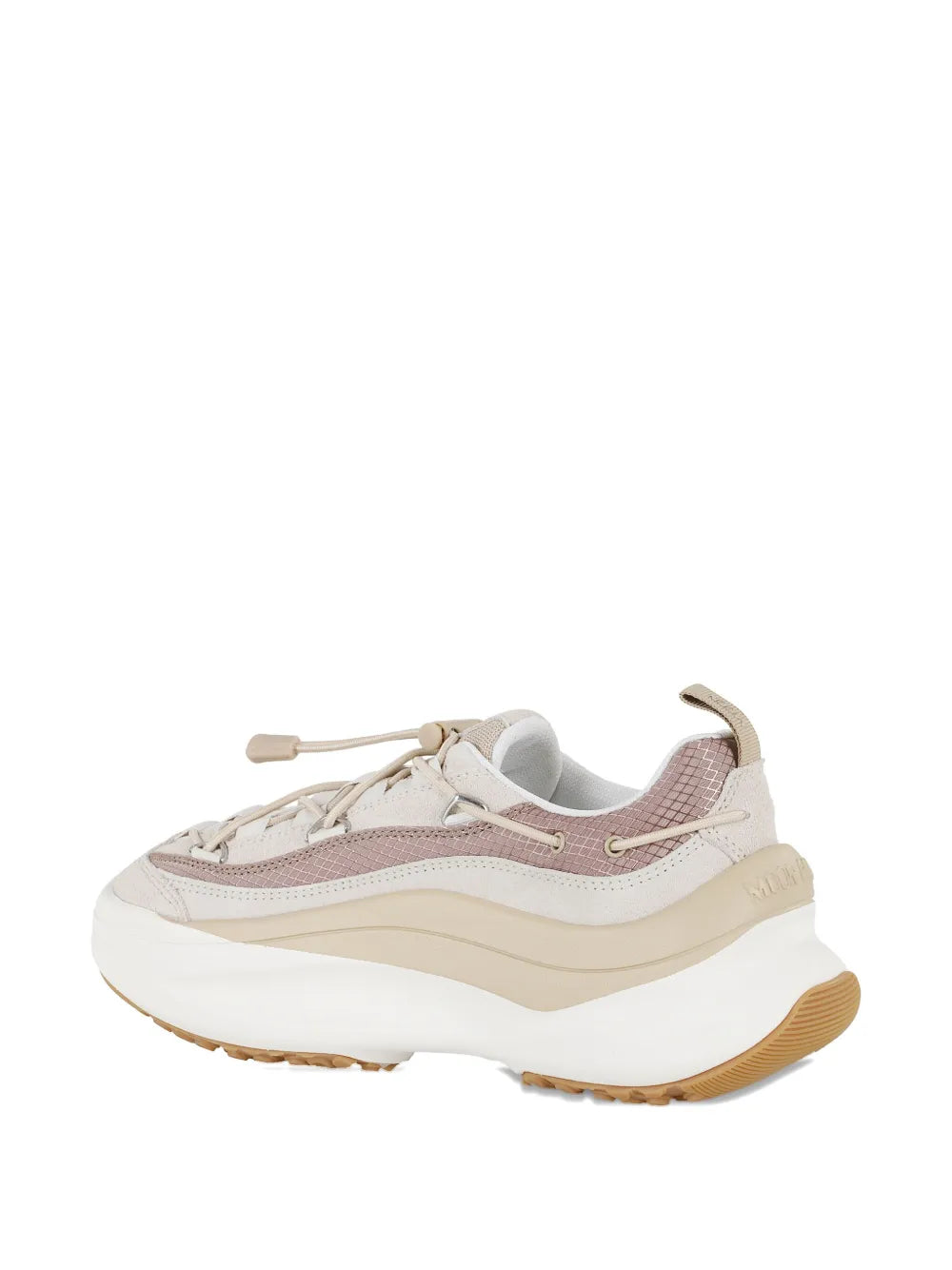 Off-white and taupe lace-up sneakers with padded collar and thick rubber outsole