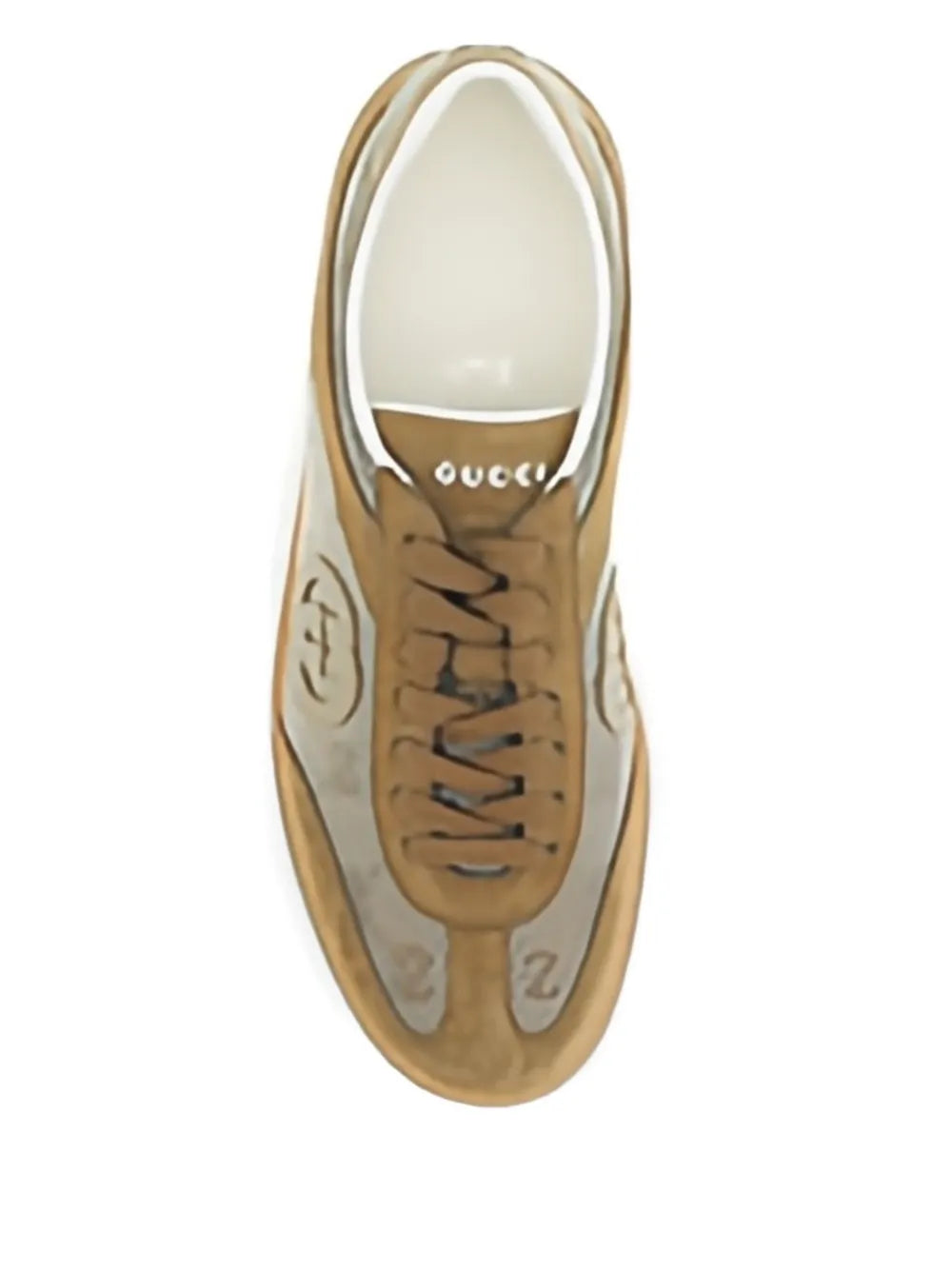 Beige suede sneakers with GUCCI lettering inside, lace-up eyelets, rubber sole