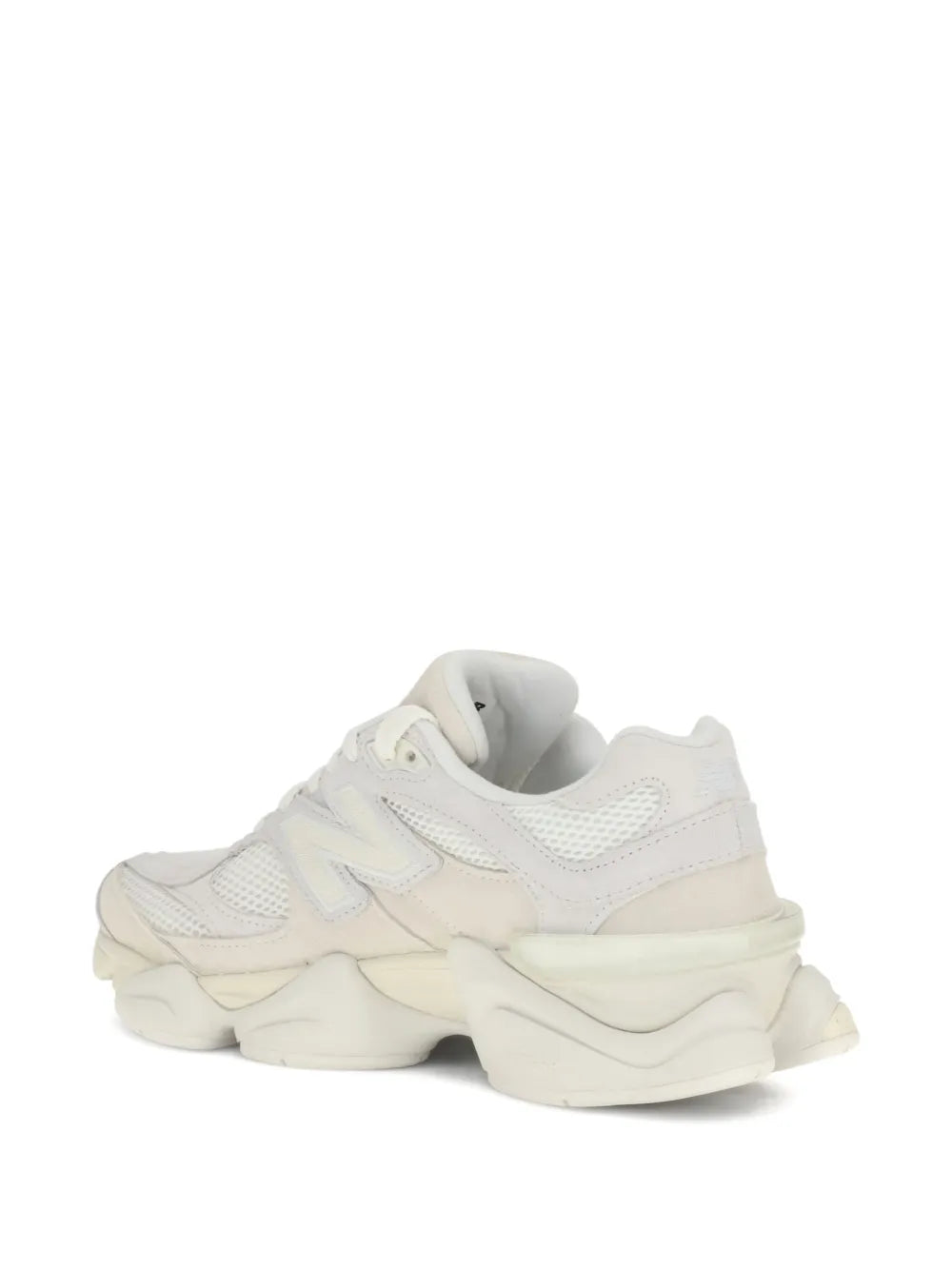 Off-white mesh-panelled chunky sneakers, rear view with thick cushioned sole