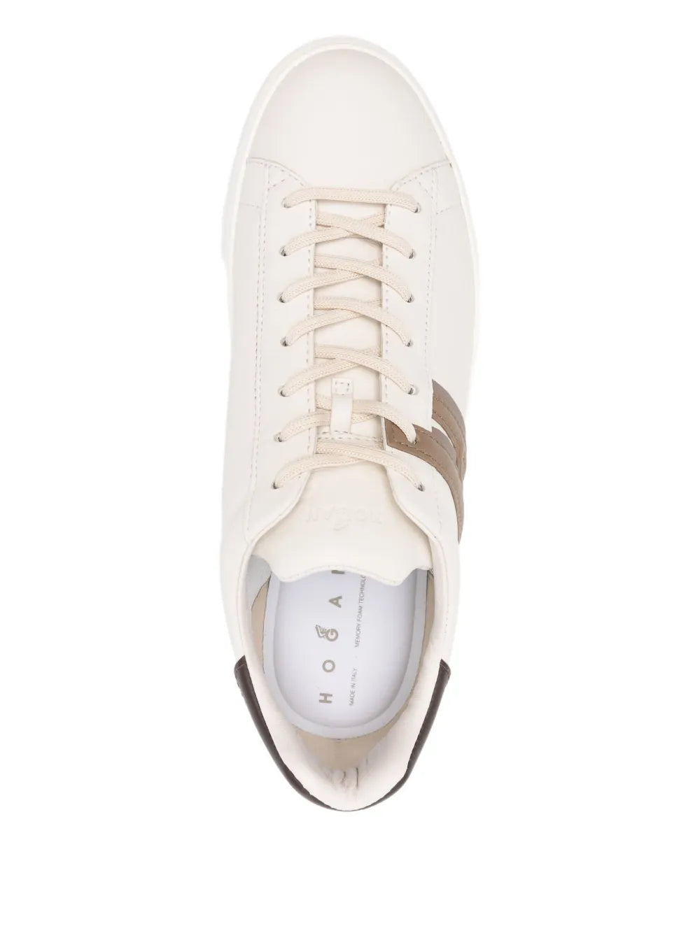 White leather lace-up sneakers, front view, with dark insole lining