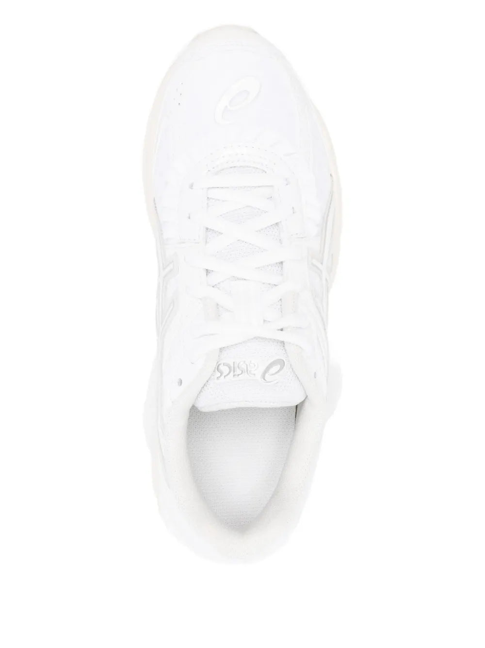 ASICS white sneaker top view with white laces and padded collar