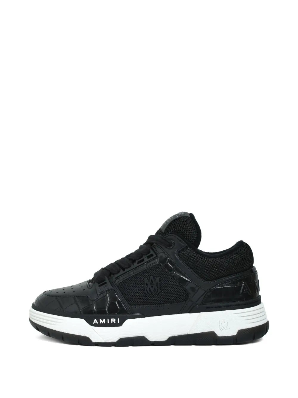 Black lace-up sneakers with crocodile-effect texture and side logo, white midsole