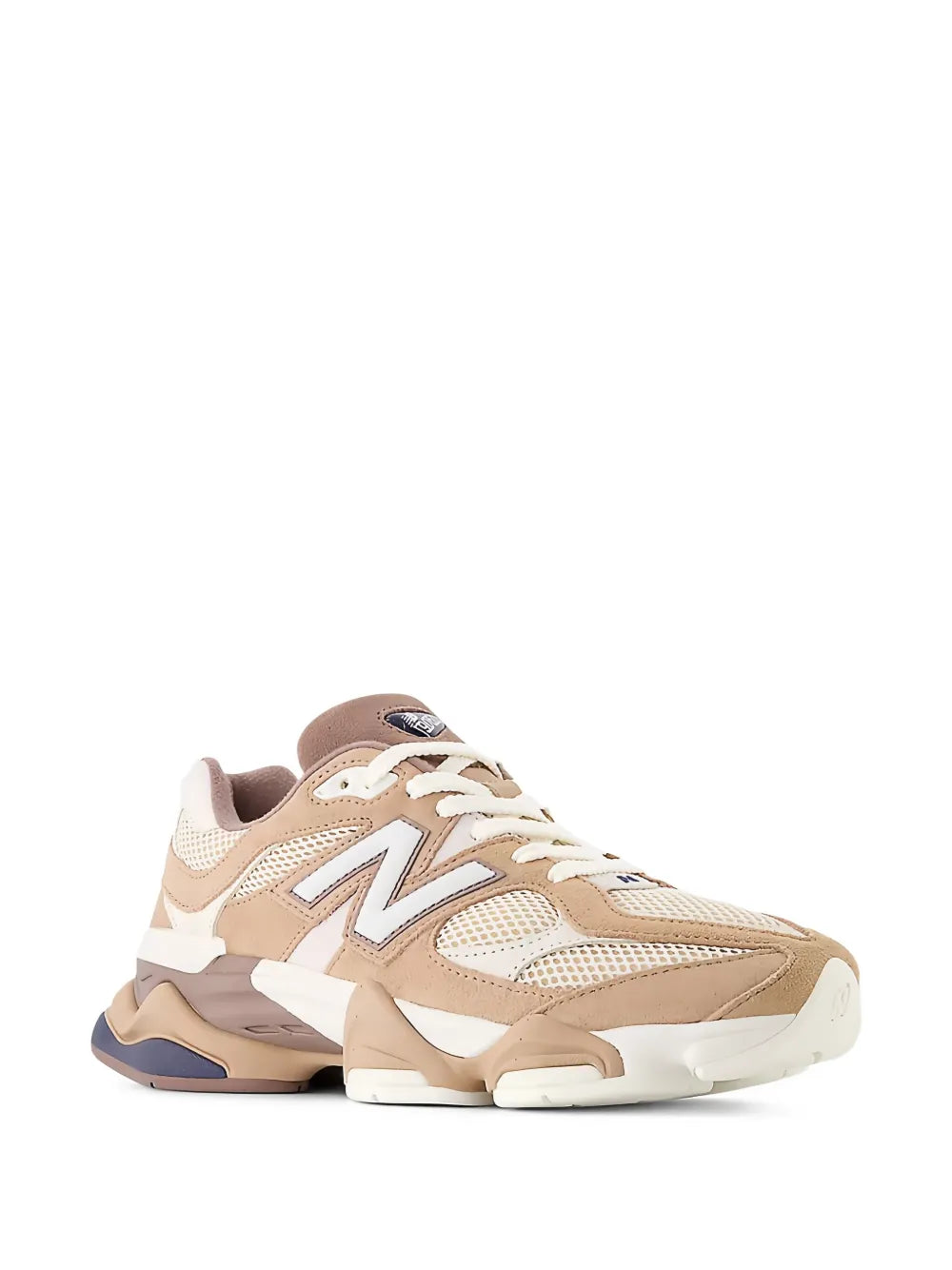 New Balance 9060 beige lace-up sneakers with N logo, mesh panels, and thick sole