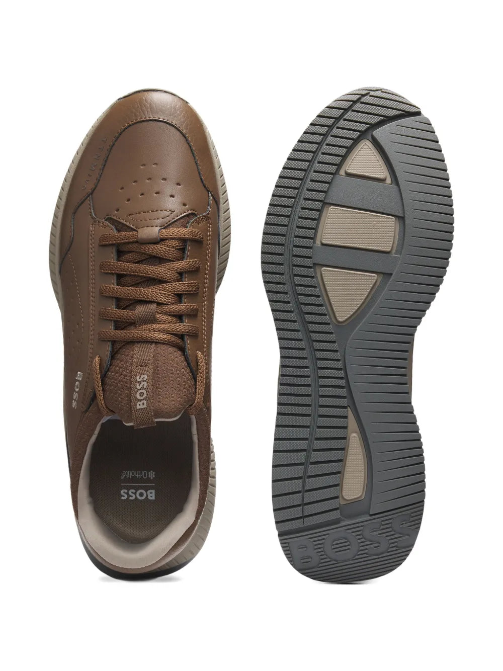 Brown leather sneakers outsole and toe view, lace-up, perforated upper, rubber tread