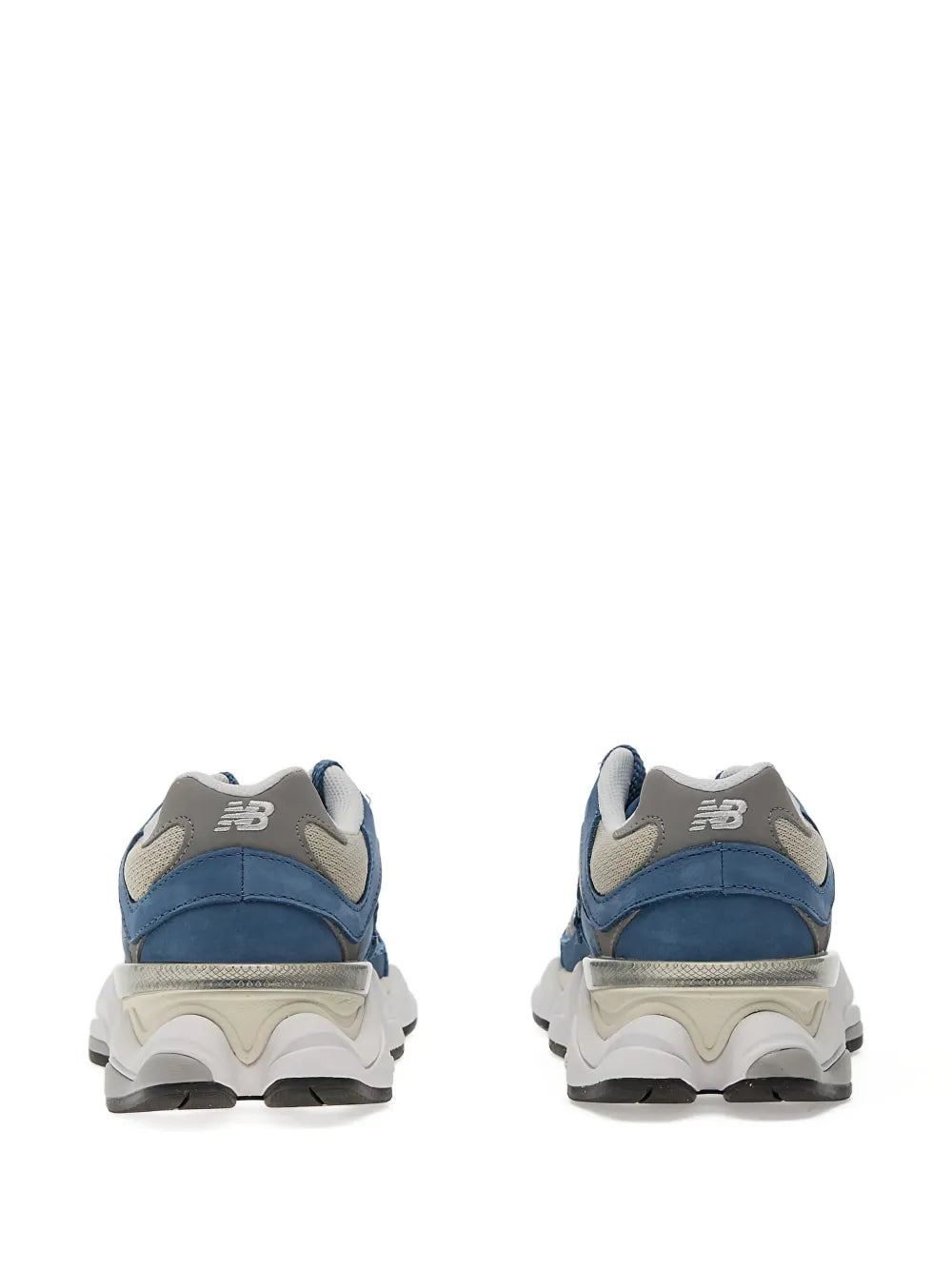 New Balance 9060 sneakers, rear view with blue heel tab and gray collar