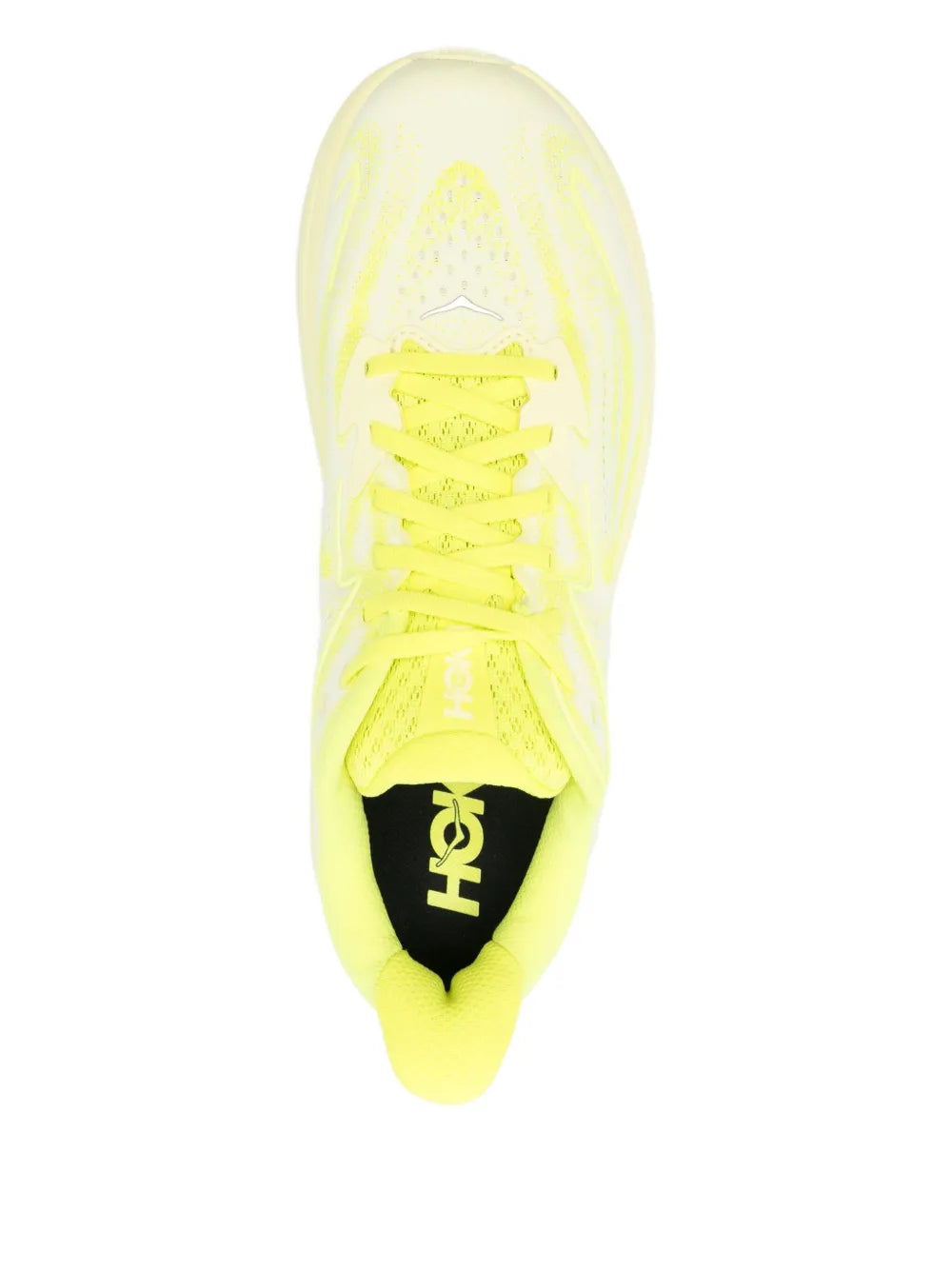 Neon yellow lace-up mesh trainer top view with laces and tongue label