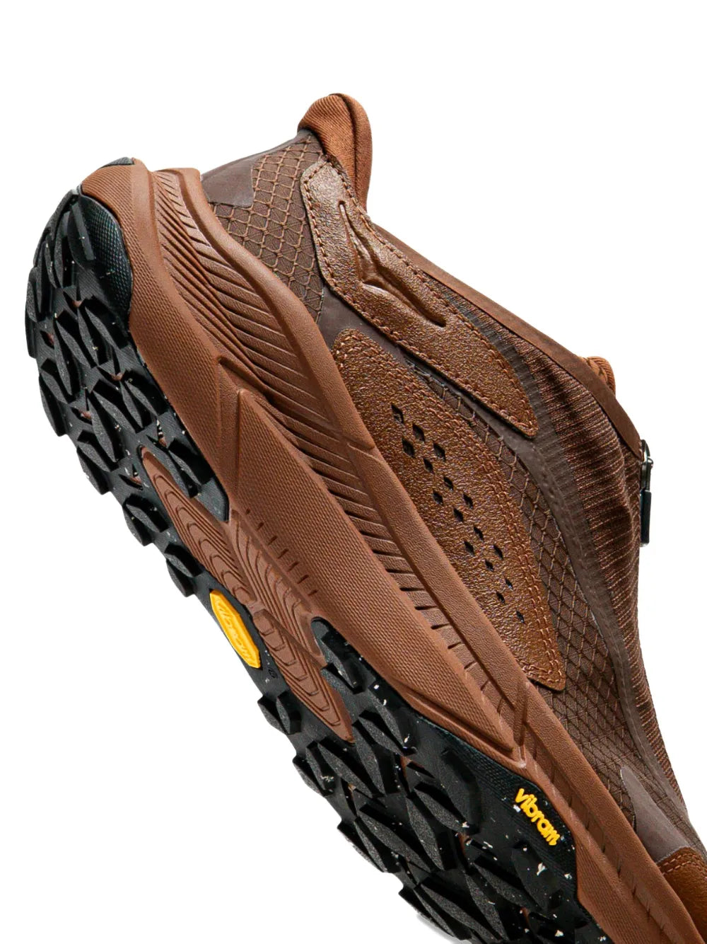Hoka brown zip-detail sneaker close-up, textured upper and treaded outsole